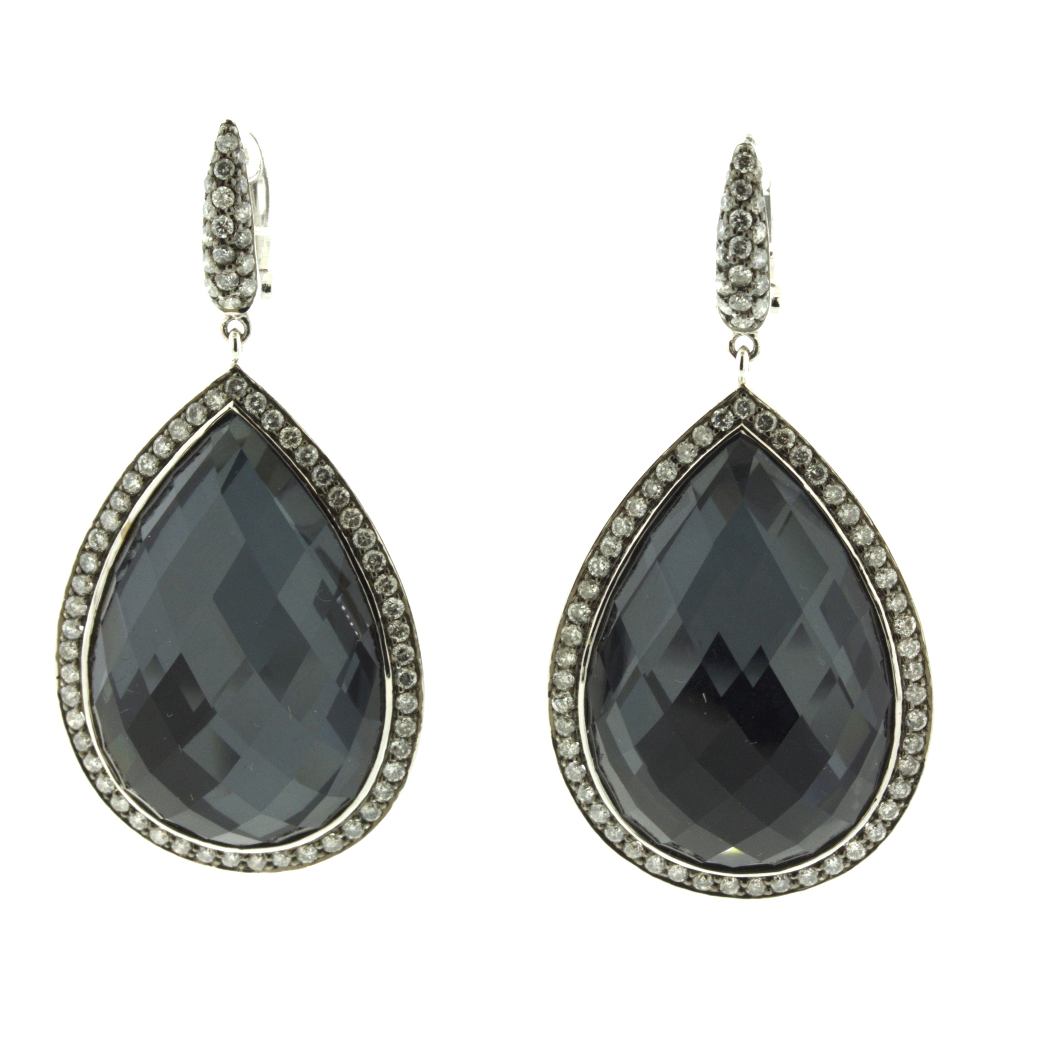 Quartz & Hematite Diamond Halo 18k White Gold Drop Earrings