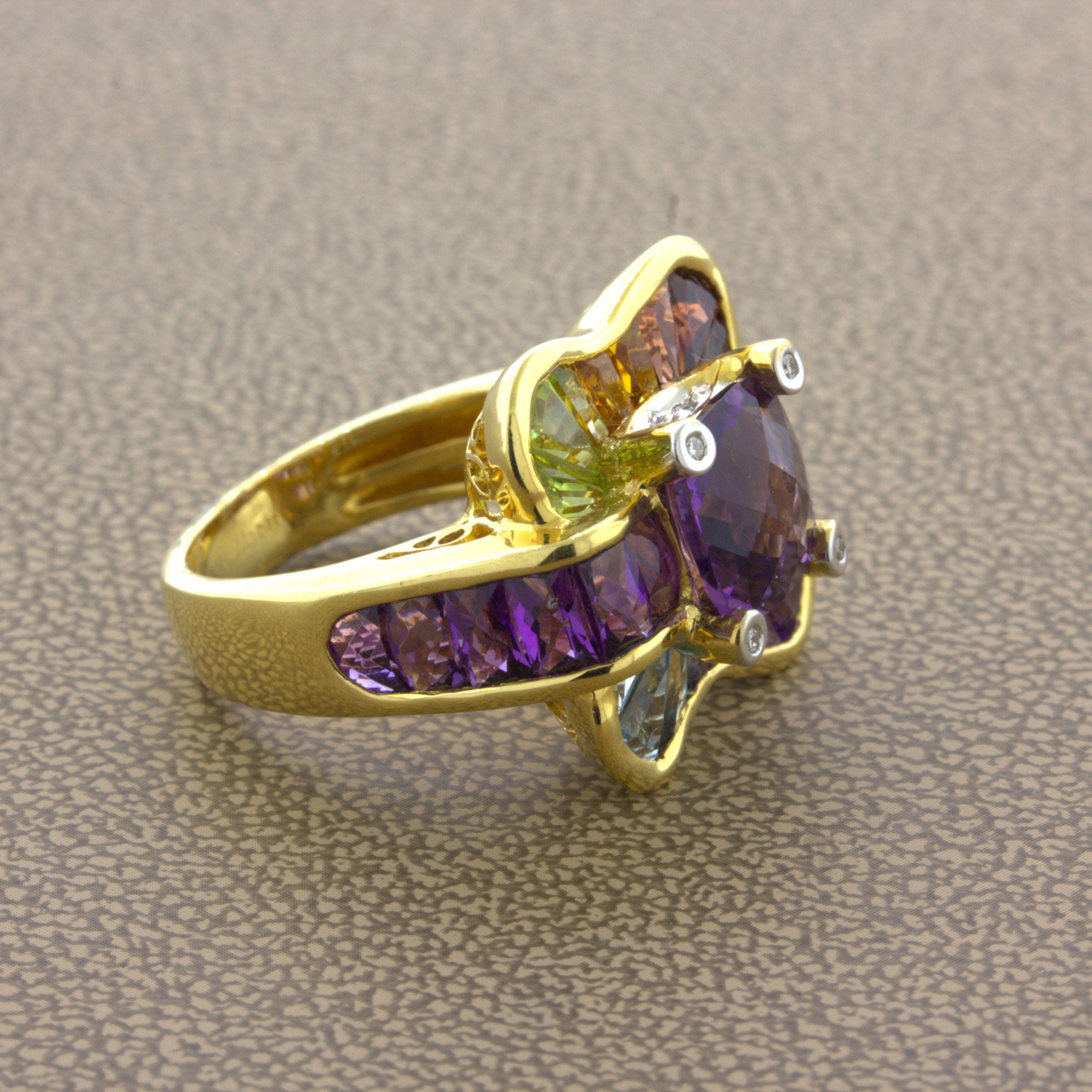 Bellarri Amethyst Diamond Multi-Color Gemstone 18K Yellow Gold Ring