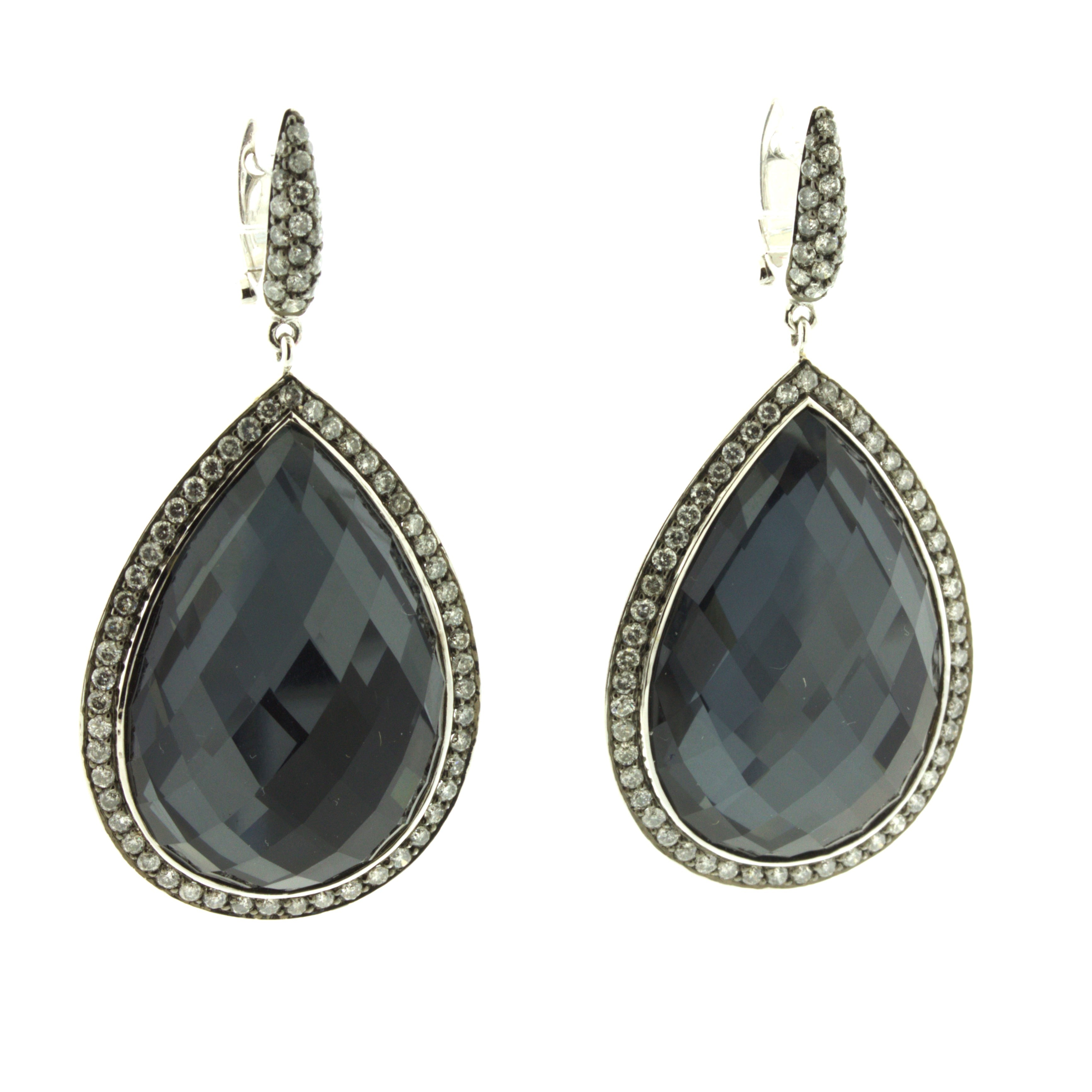 Quartz & Hematite Diamond Halo 18k White Gold Drop Earrings