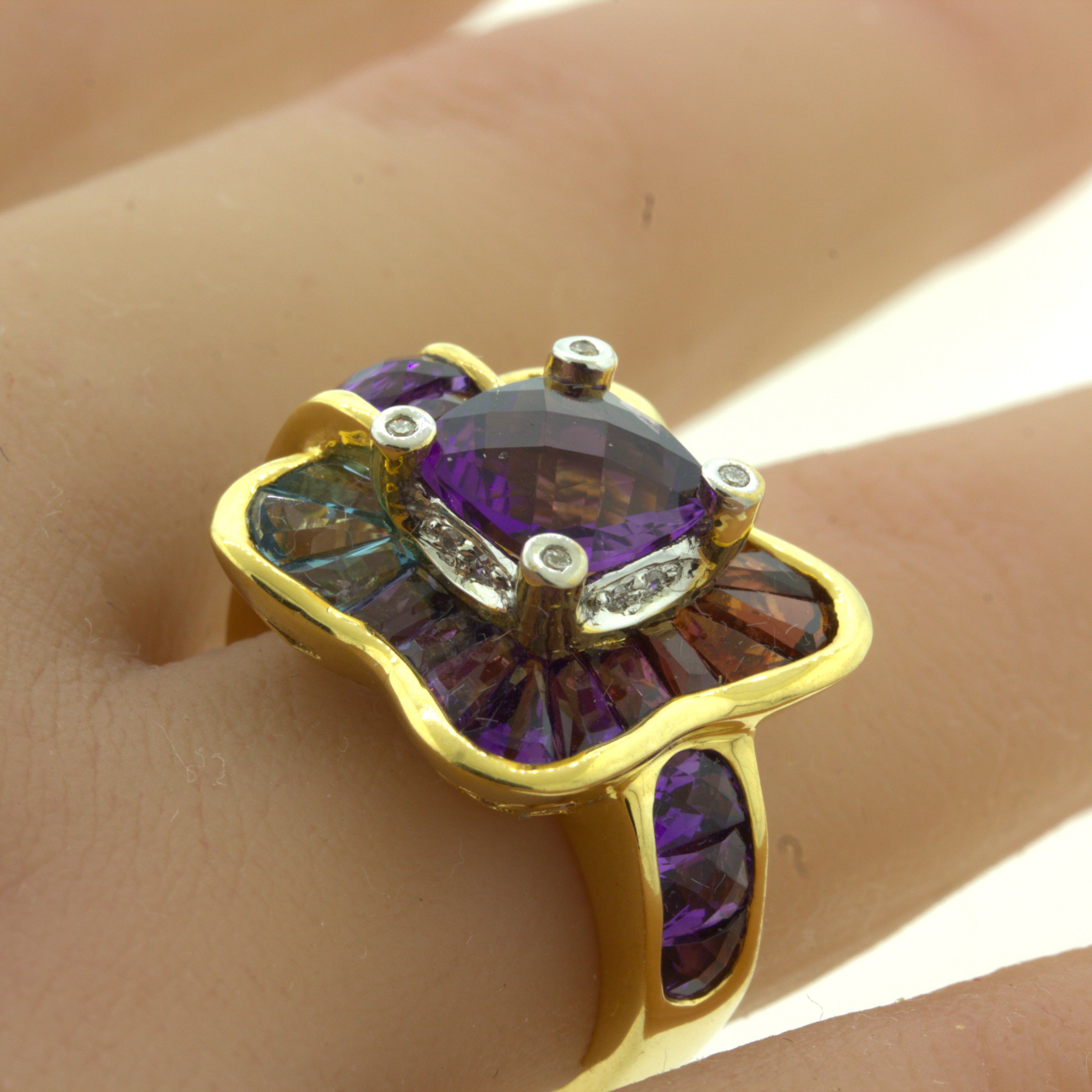 Bellarri Amethyst Diamond Multi-Color Gemstone 18K Yellow Gold Ring