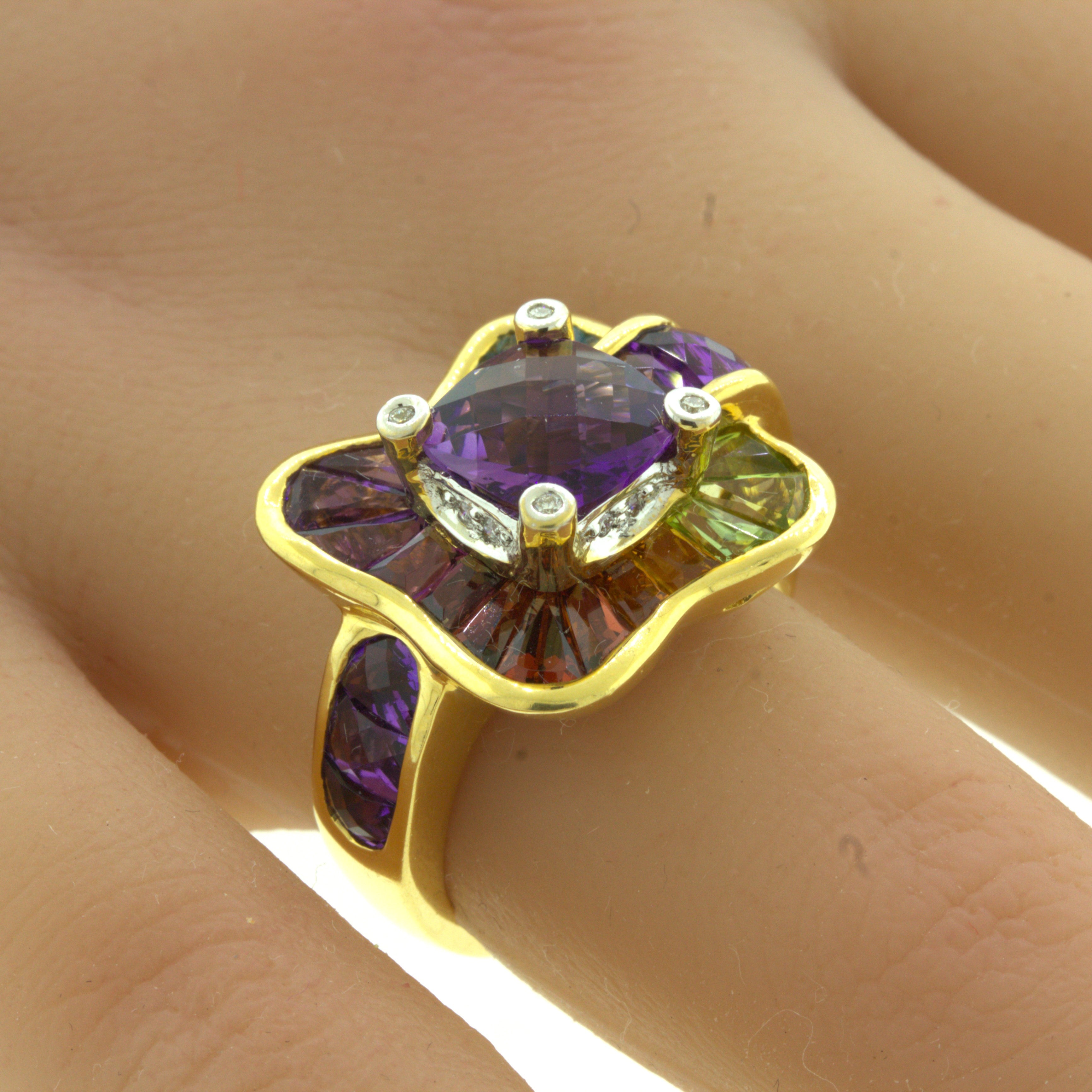 Bellarri Amethyst Diamond Multi-Color Gemstone 18K Yellow Gold Ring