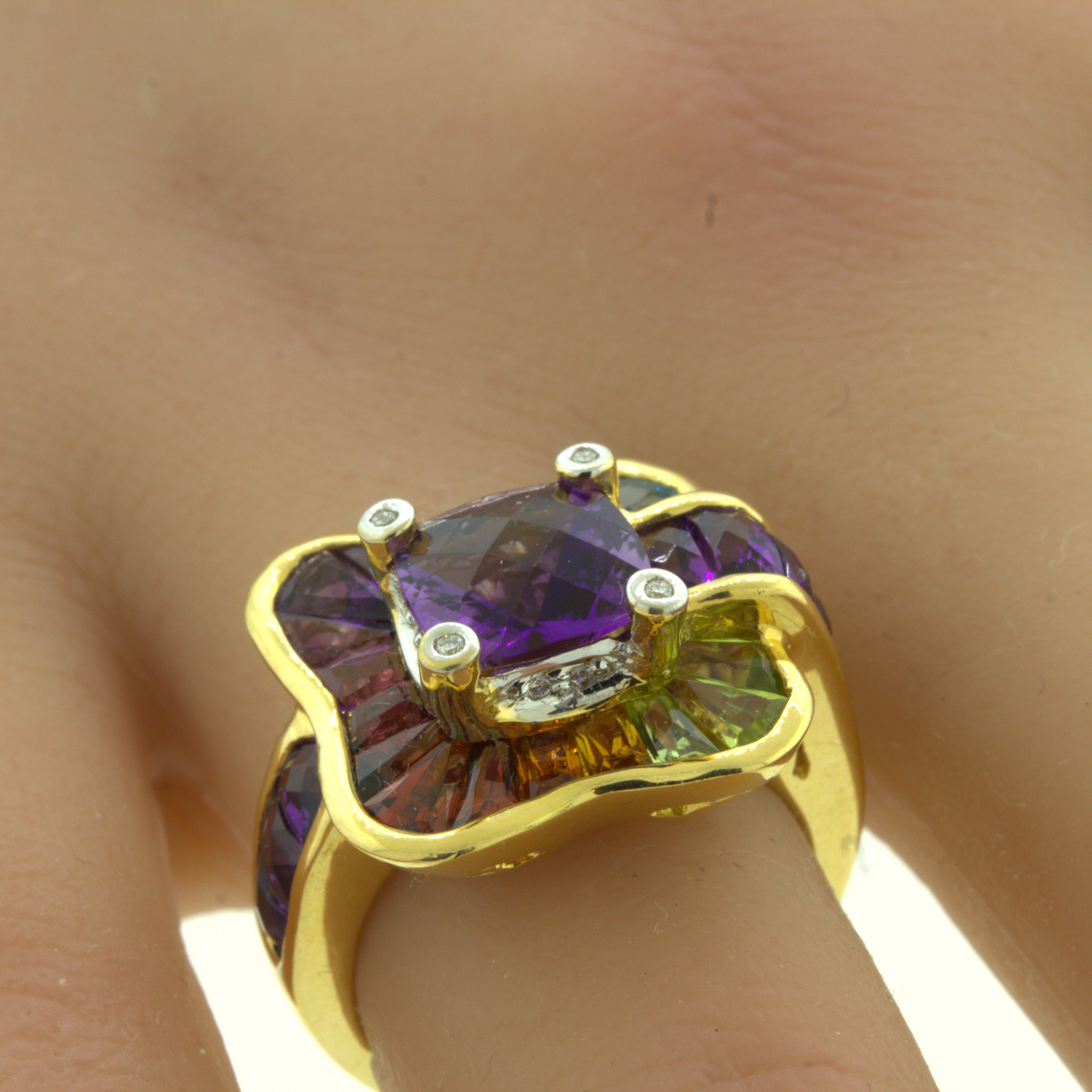 Bellarri Amethyst Diamond Multi-Color Gemstone 18K Yellow Gold Ring