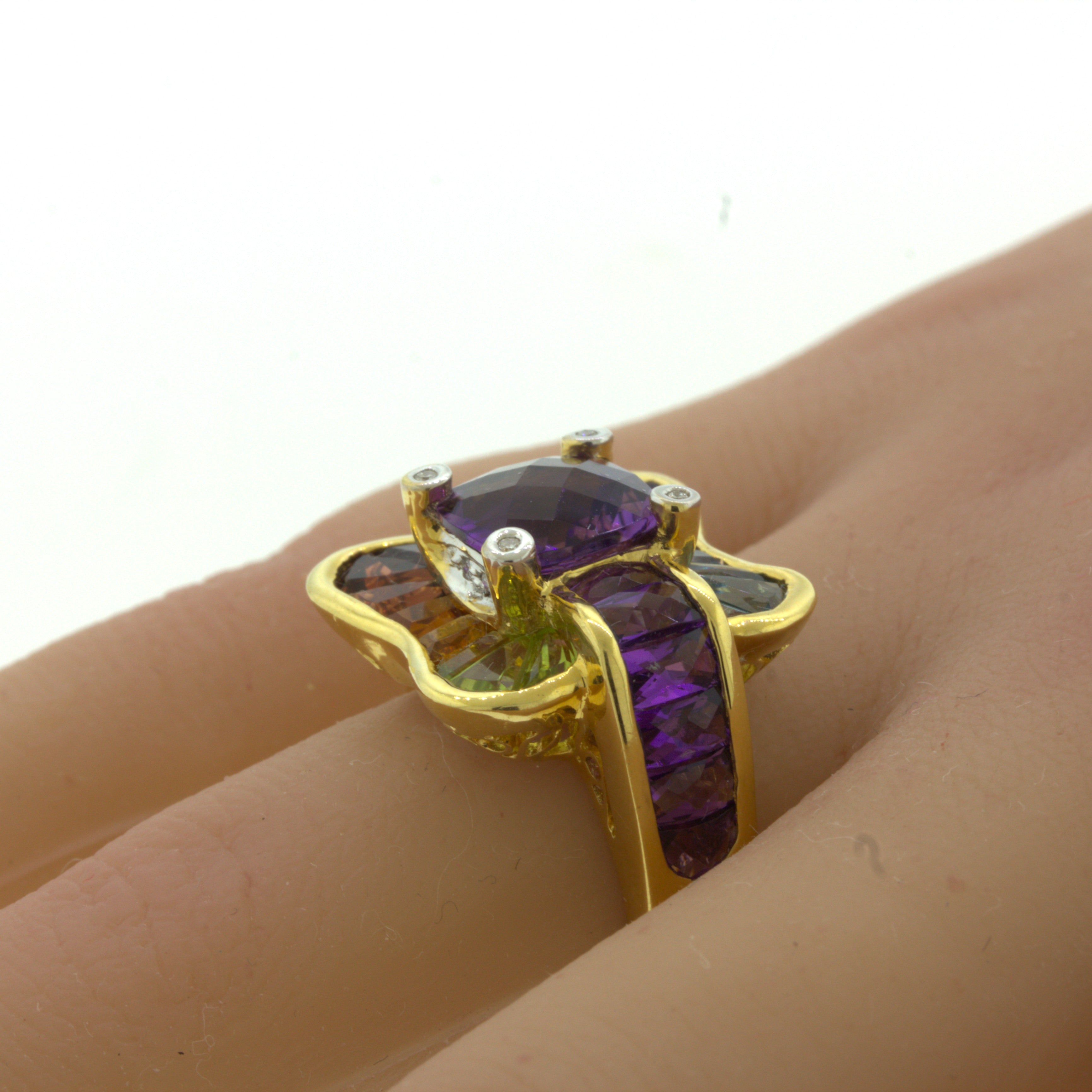 Bellarri Amethyst Diamond Multi-Color Gemstone 18K Yellow Gold Ring