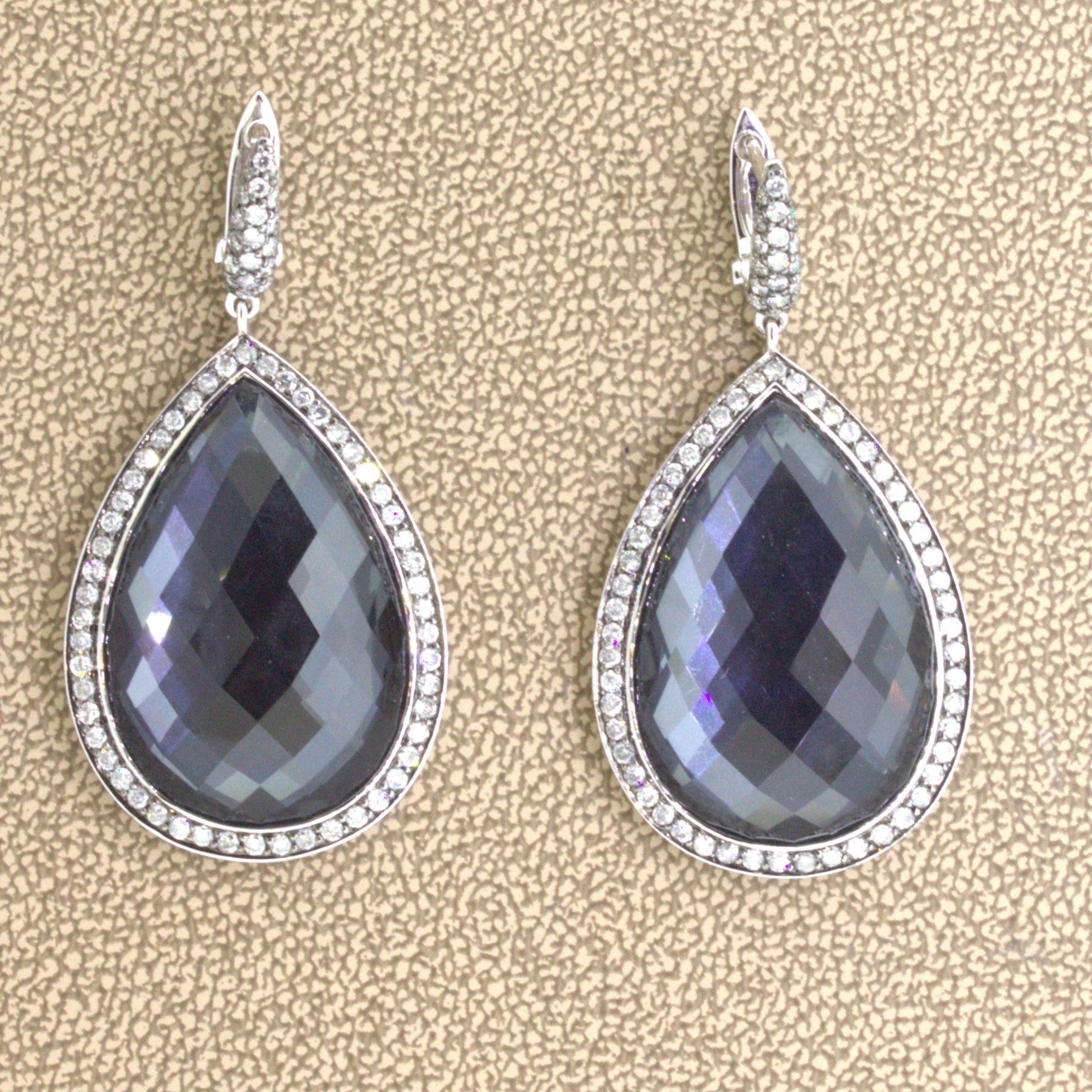 Quartz & Hematite Diamond Halo 18k White Gold Drop Earrings