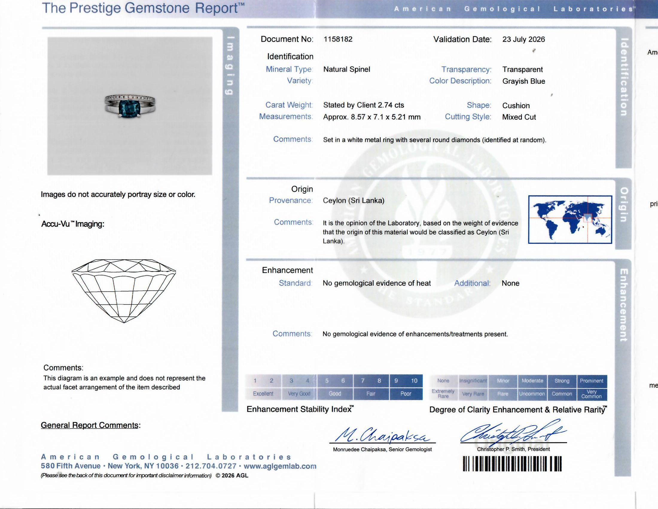 2.74 Carat Blue Spinel Diamond Platinum Double-Band Ring, AGL Certified
