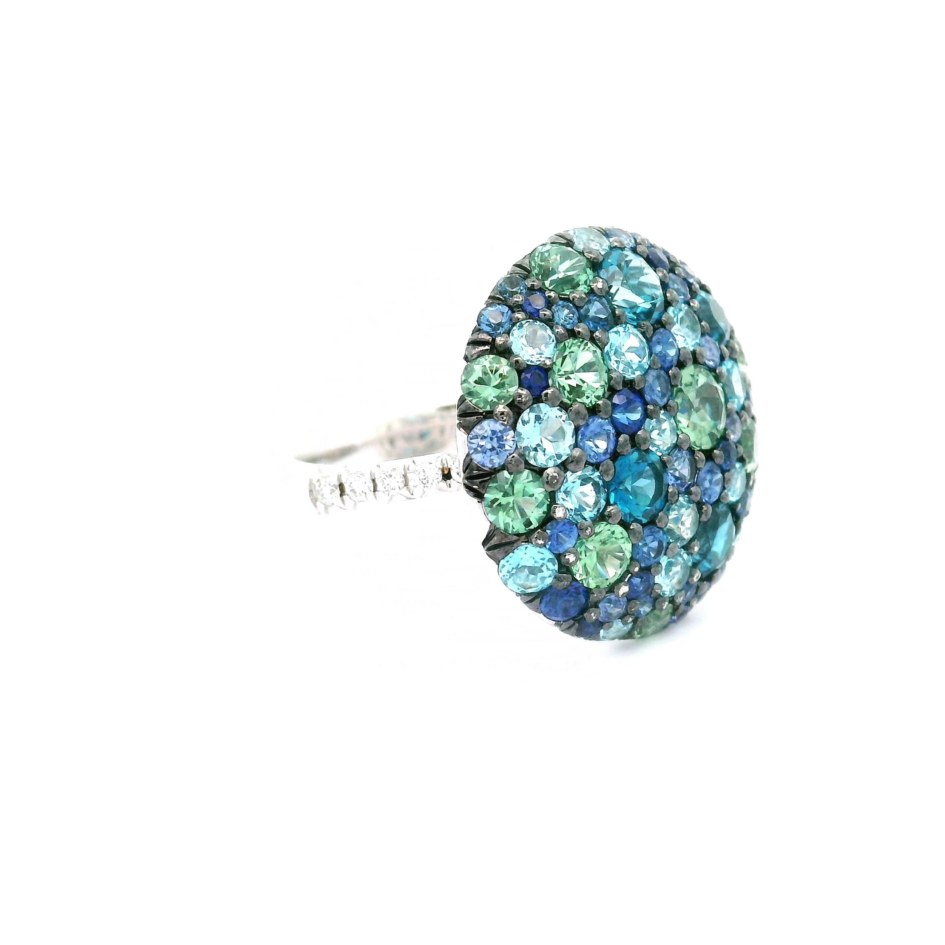 Blue Topaz Green Sapphire Diamond 18k White Gold Ring