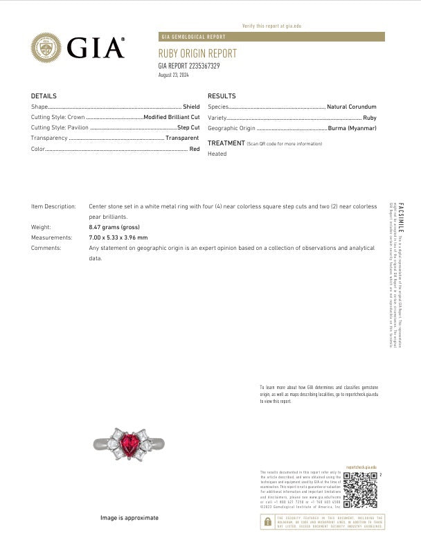 1.03 Carat Shield-Cut Ruby Diamond Platinum Ring, GIA Certified