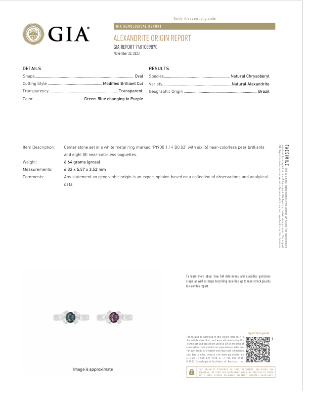 1.14 Carat Brazilian Alexandrite Diamond Platinum Ring, GIA Certified