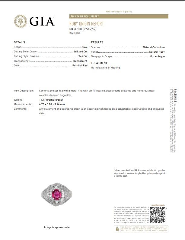 1.25 Carat No-Heat Ruby Diamond Platinum Ring, GIA Certified