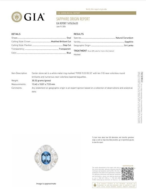 9.03 Carat Ceylon Blue Sapphire Diamond Platinum Ballerina Ring, GIA Certified