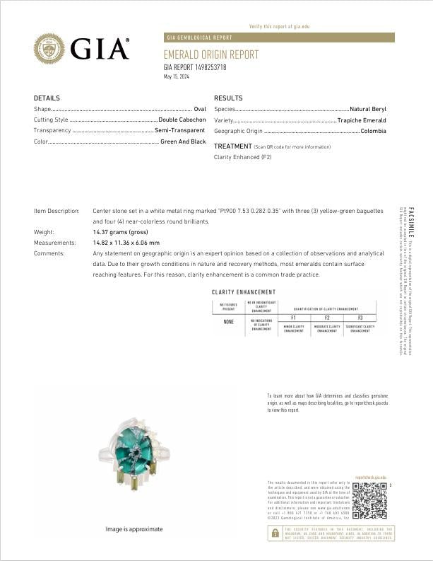 7.53 Carat Trapiche Emerald Diamond Platinum Ring, GIA Certified