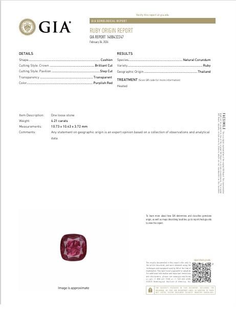 4.21 Carat Thai Ruby Diamond Platinum Ring, GIA Certified