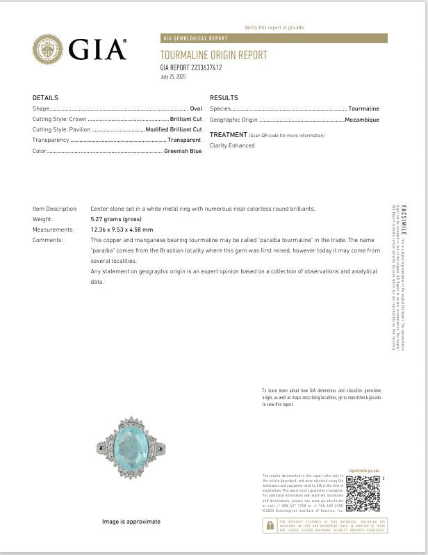 4.11 Carat Paraiba Tourmaline Diamond 18k White Gold Ring, GIA Certified