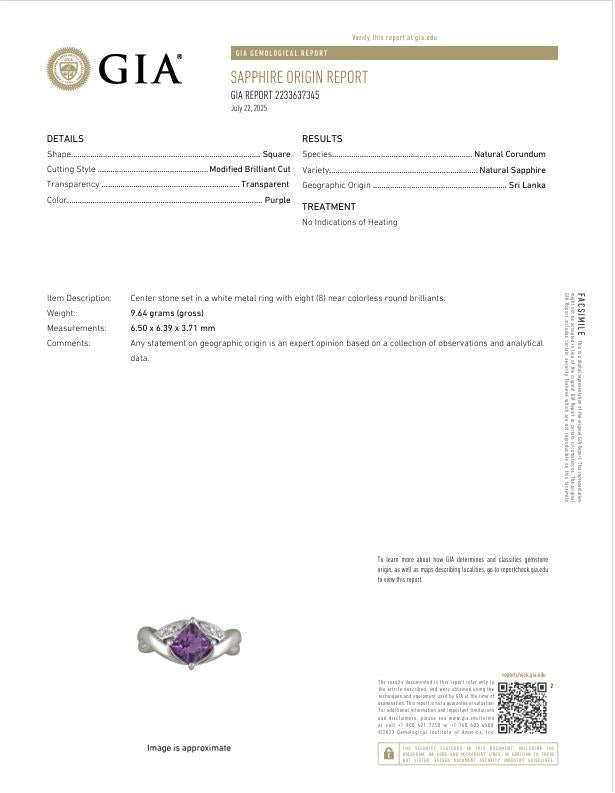 1.51 Carat No-Heat Purple Sapphire Diamond Platinum Ring, GIA Certified