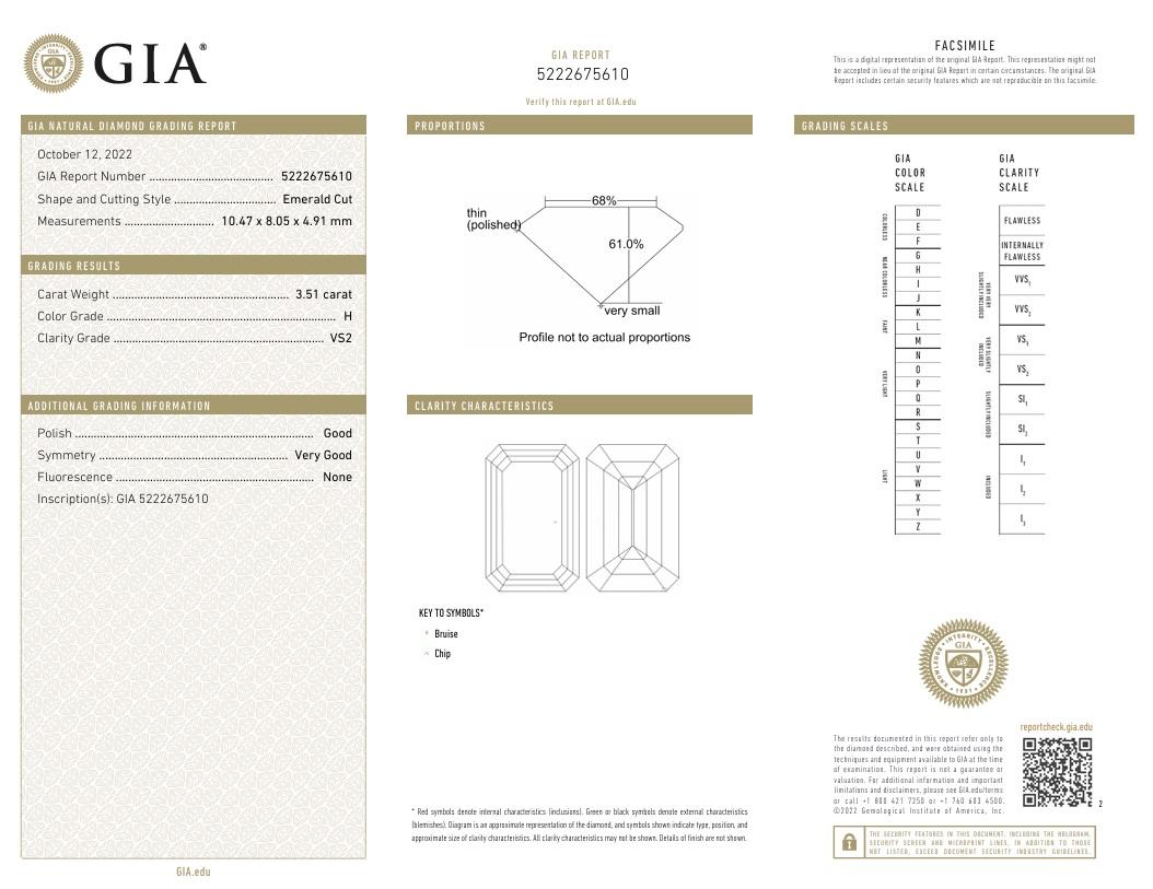 3.51 Carat Emerald-Cut Diamond H-VS2 14K Yellow Gold Ring, GIA Certified