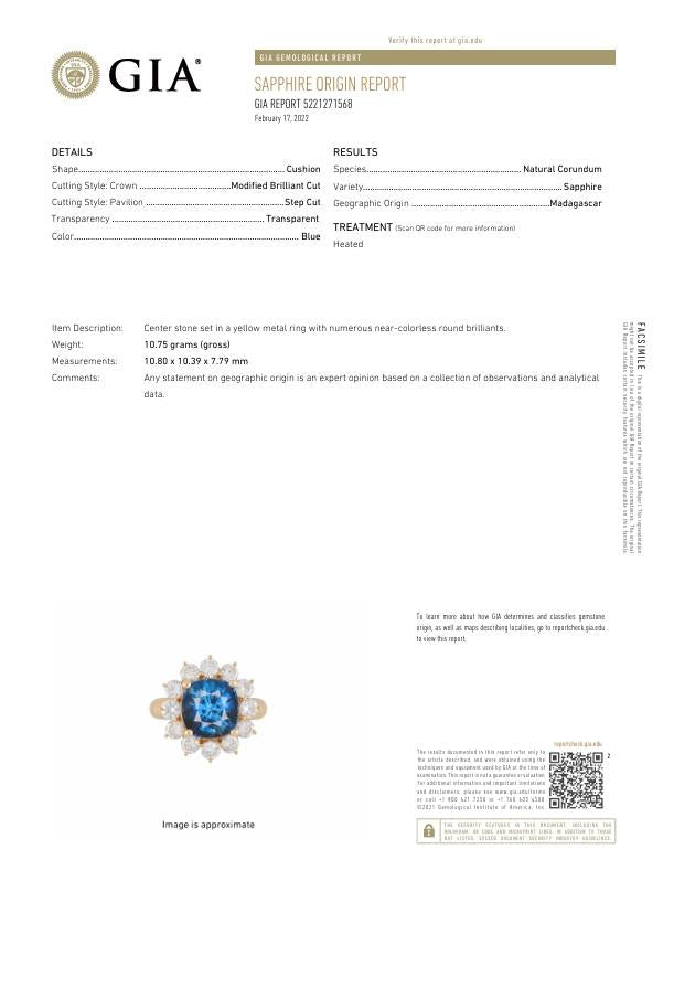 7.11 Carat Blue Sapphire Diamond 18K Yellow Gold Halo Ring, GIA Certified