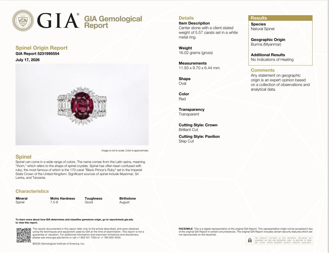 5.57 Carat No-Heat Burmese Red Spinel Diamond Platinum Ring, GIA Certified