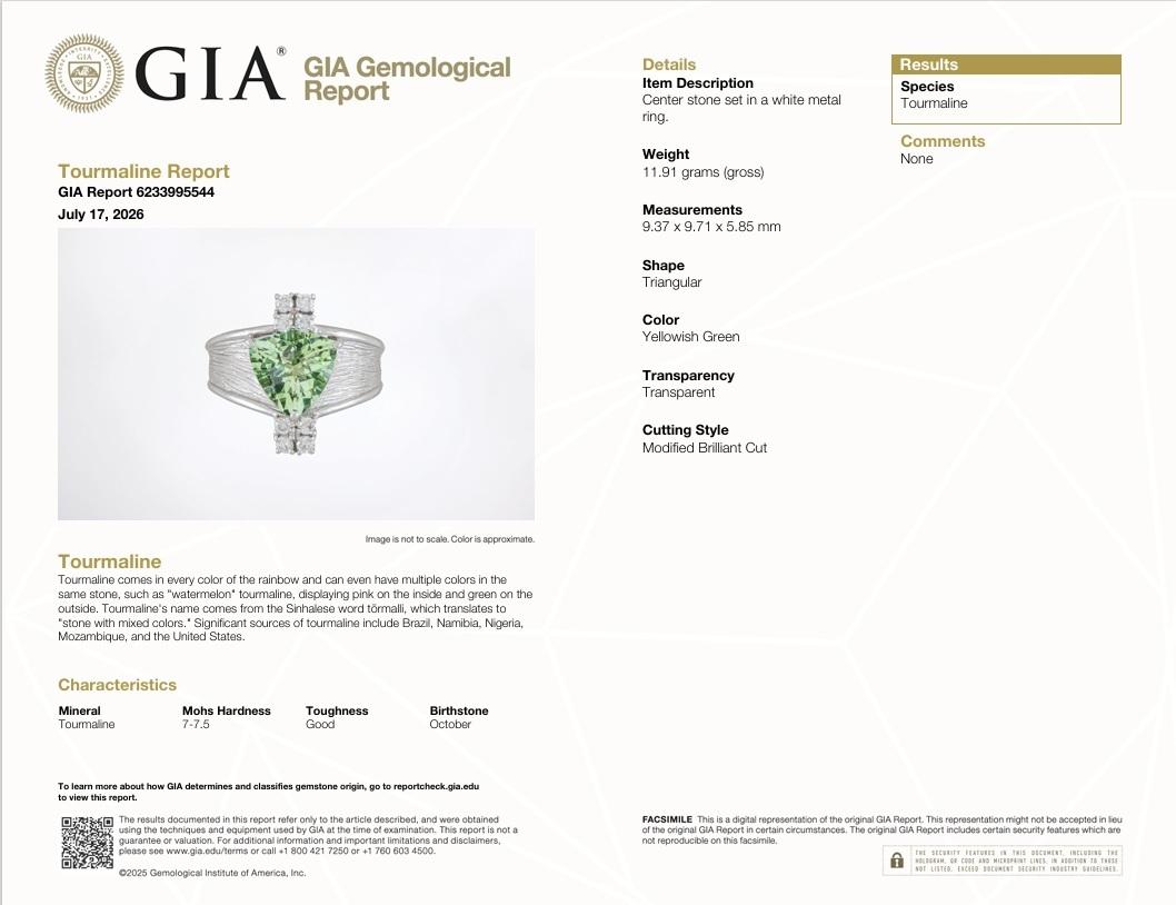4.00 Carat Yellowish-Green Tourmaline Diamond Platinum Ring, GIA Certified