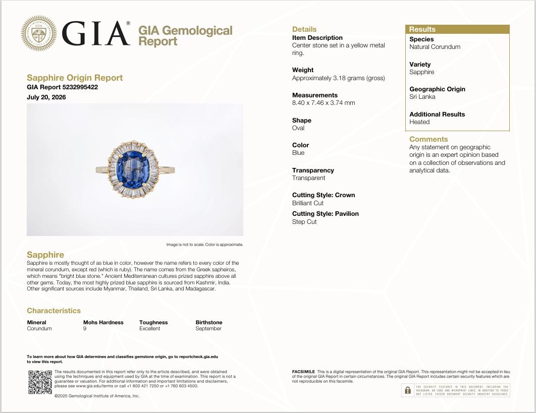 2.47 Carat Ceylon Blue Sapphire Diamond 14K Yellow Gold Halo Ring, GIA Certified