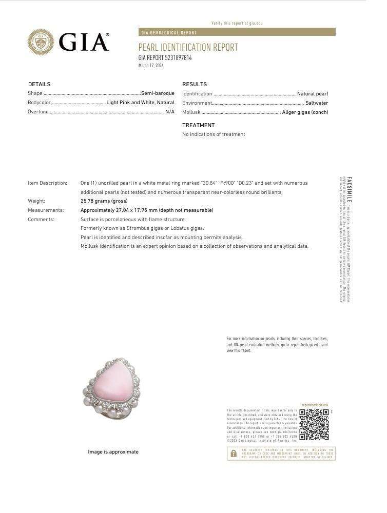 30.84 Carat Conch Pearl Akoya Pearls Diamond Platinum Ring, GIA Certified