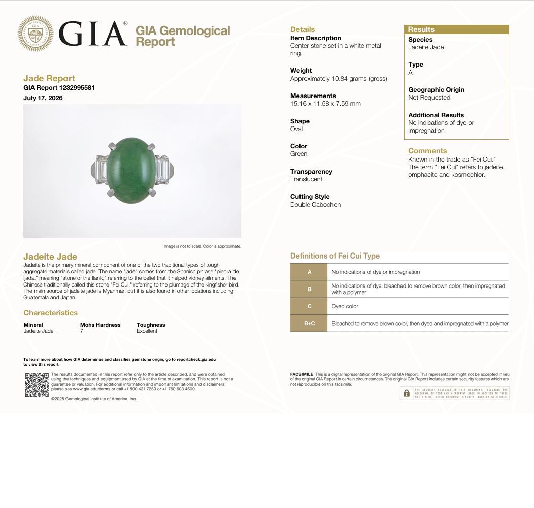 11.68 Carat Green Jadeite Jade Diamond Platinum Three-Stone Ring, GIA Certified