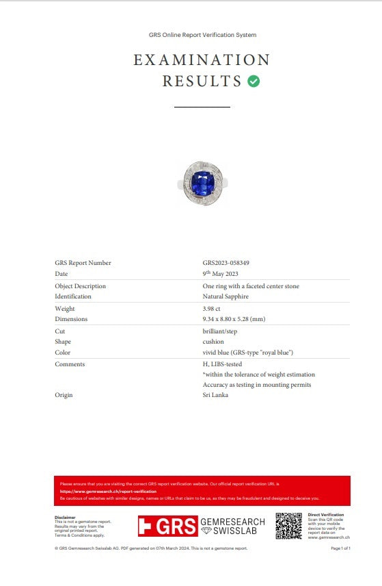 3.98 Carat Royal-Blue Ceylon Sapphire Diamond Platinum Ring, GRS Certified