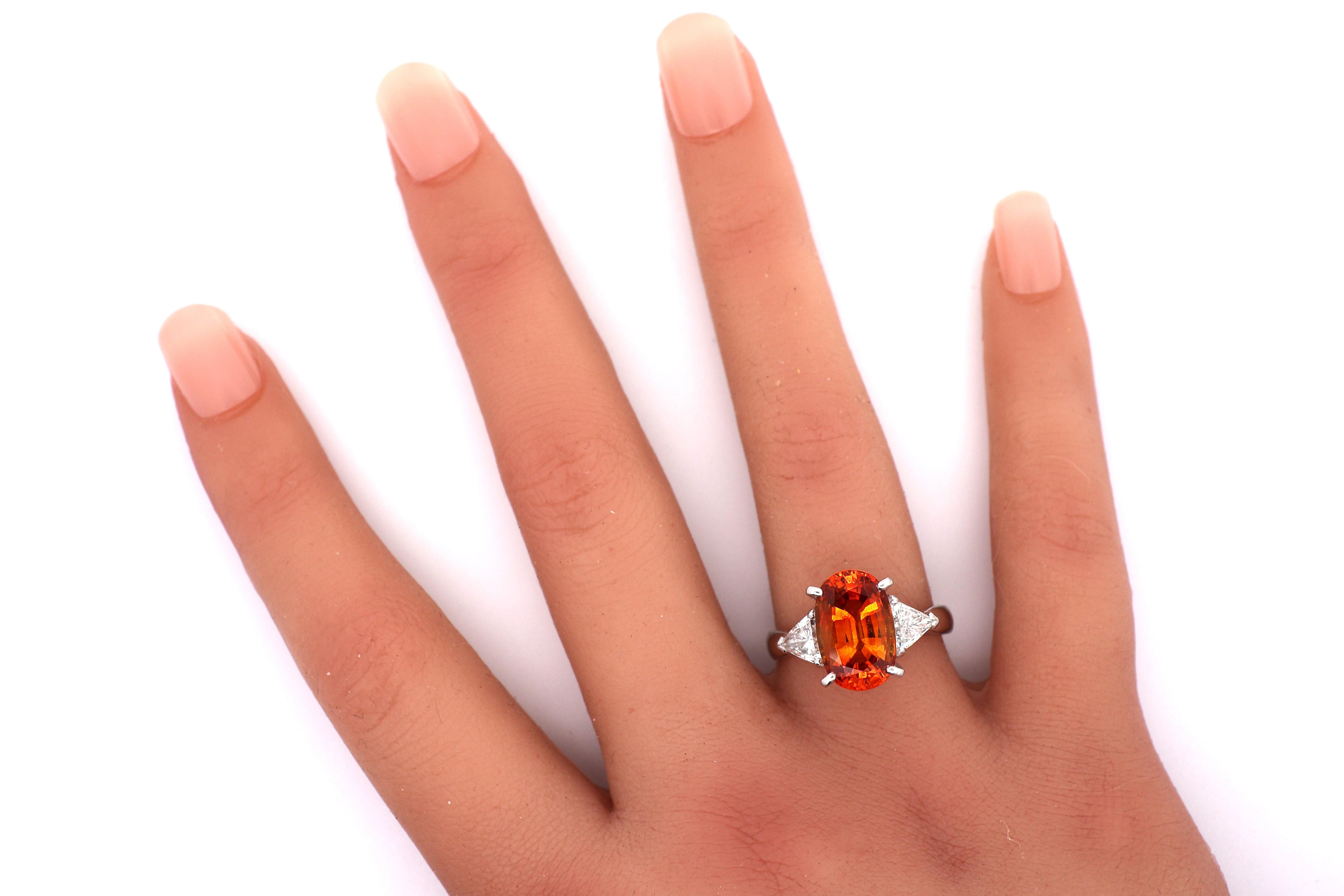 5.91 Carat Orange Sapphire Diamond Platinum Three-Stone Ring, GIA Certified