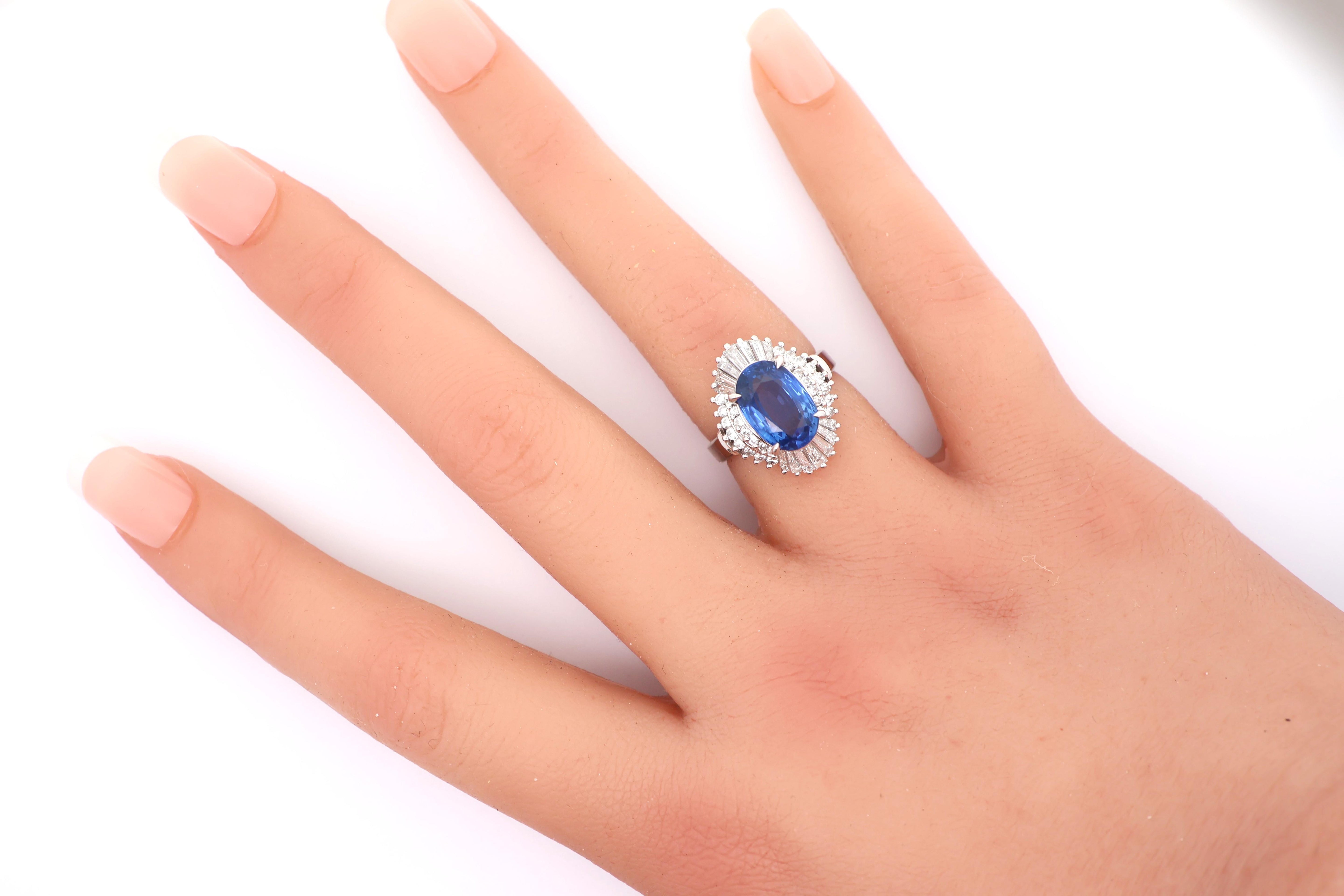 4.11 Carat Ceylon Sapphire Diamond Platinum Ballerina Ring, GIA Certified