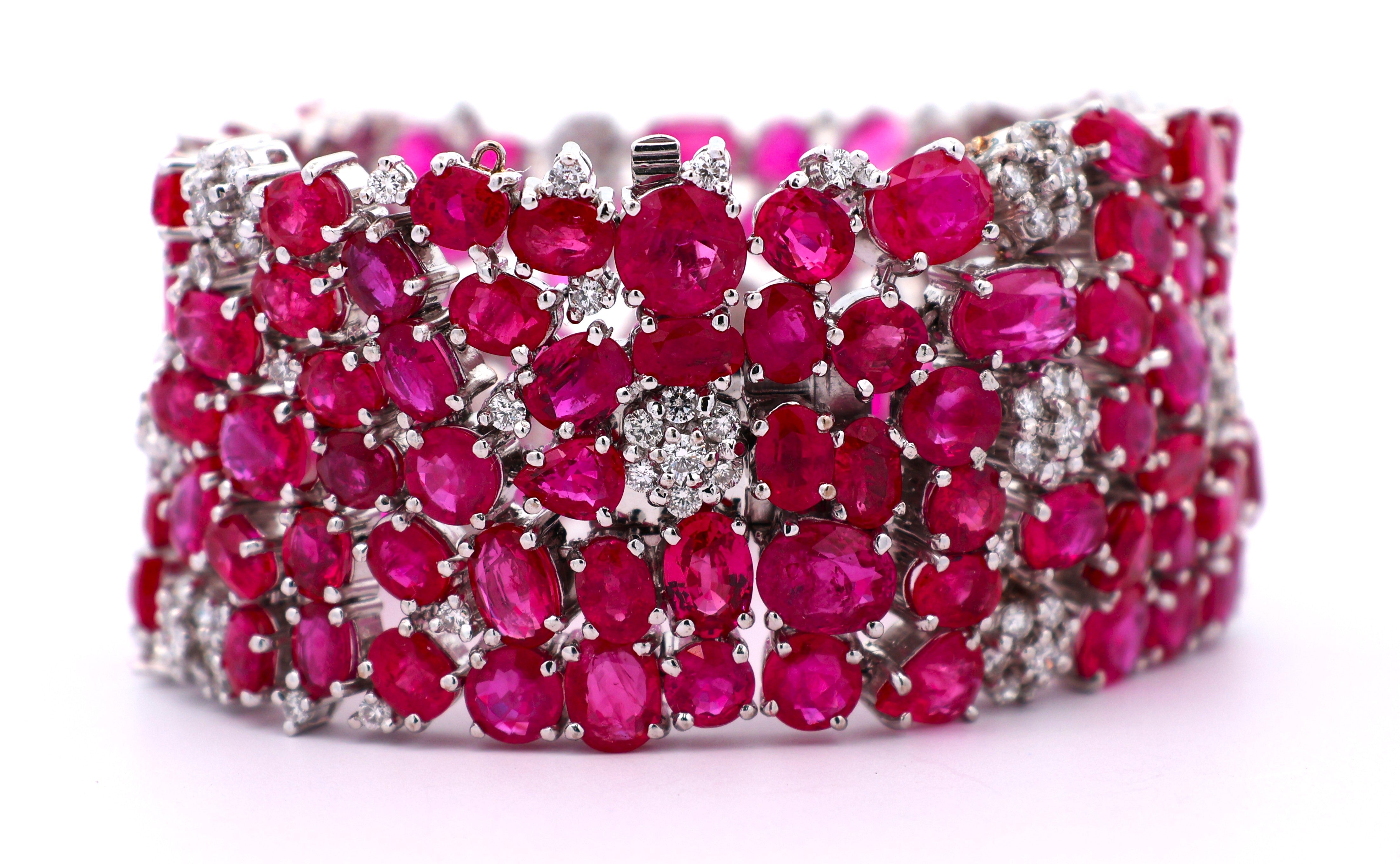 Wide Ruby Diamond 18k White Gold Cluster Bracelet