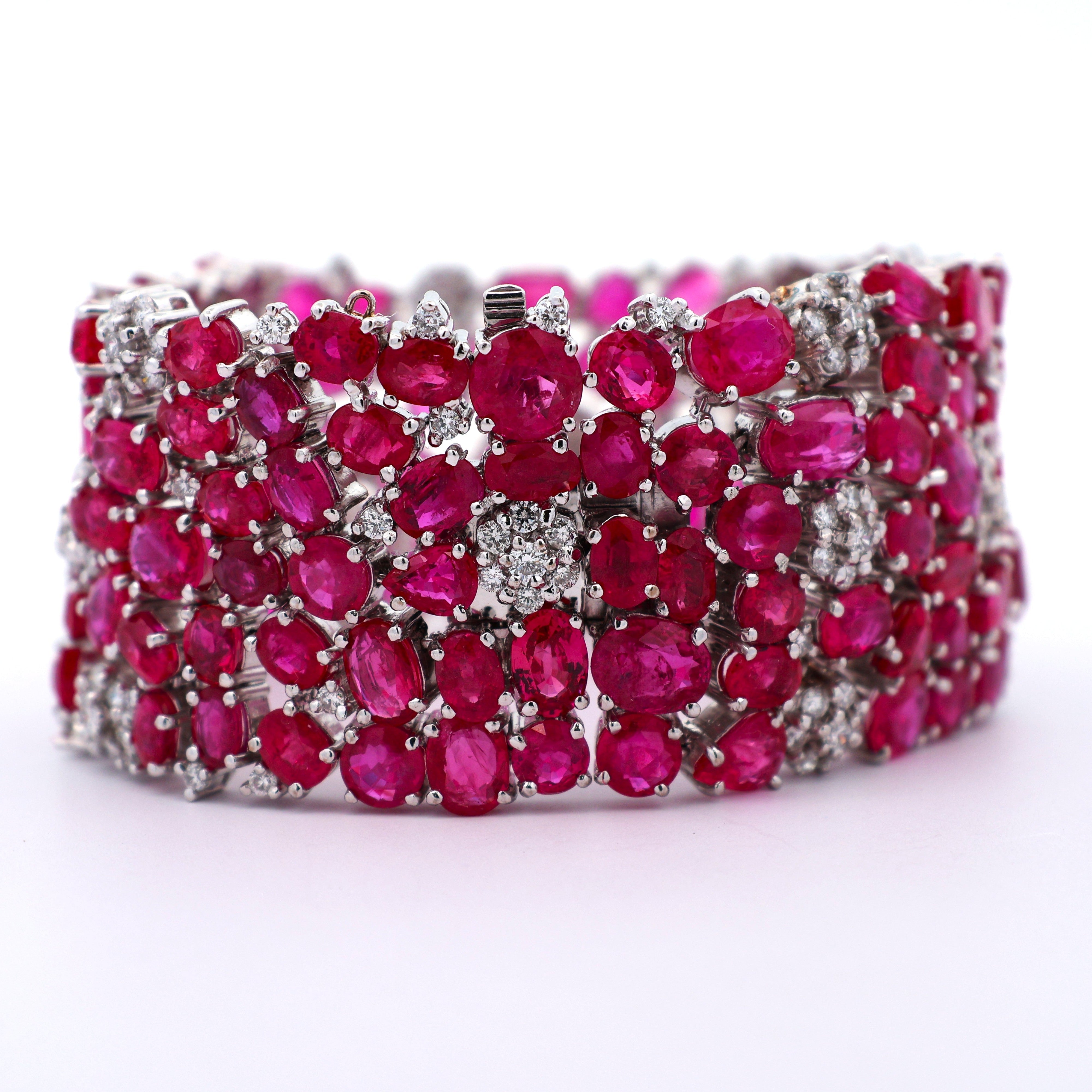 Wide Ruby Diamond 18k White Gold Cluster Bracelet