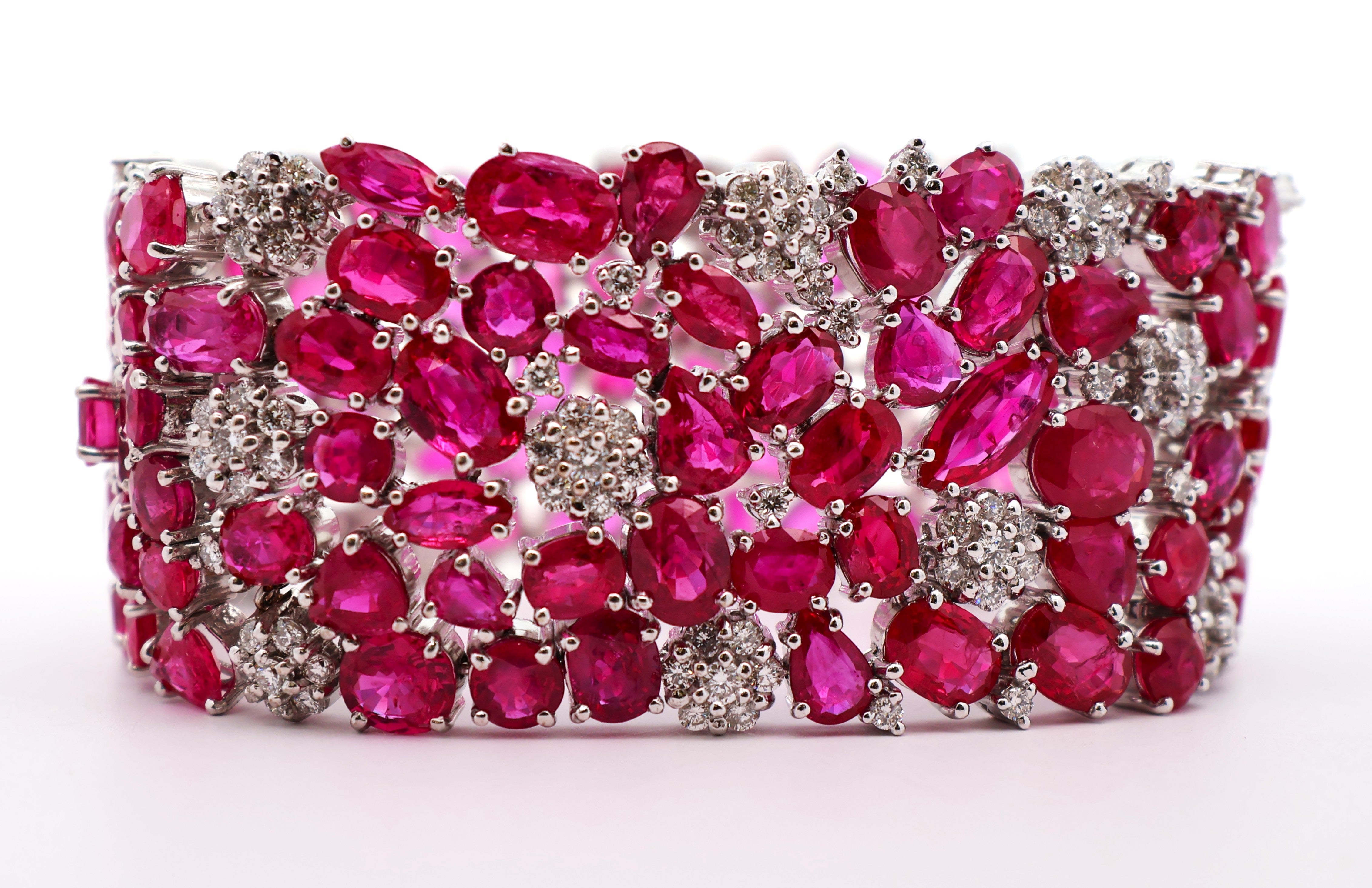 Wide Ruby Diamond 18k White Gold Cluster Bracelet