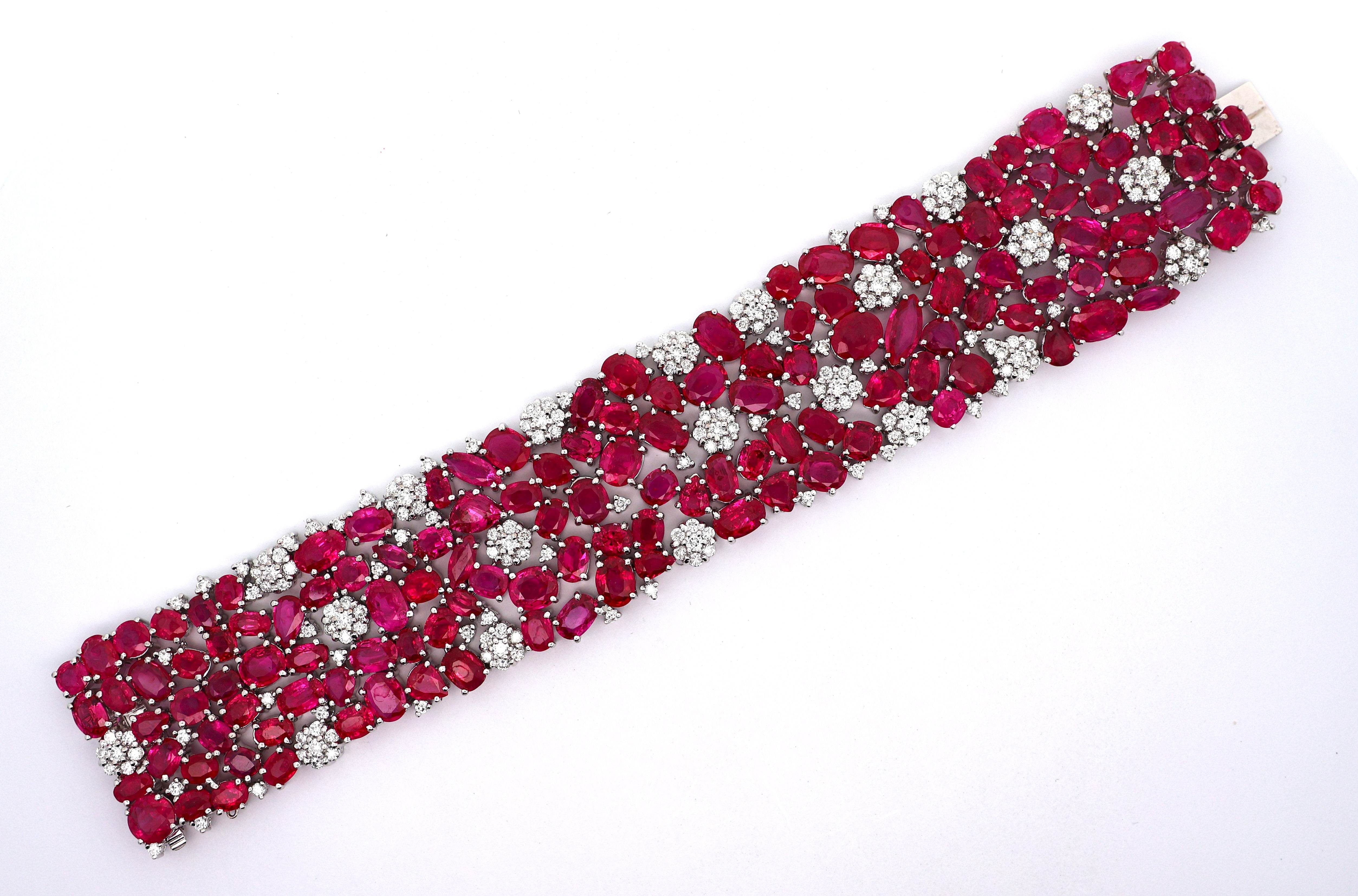 Wide Ruby Diamond 18k White Gold Cluster Bracelet