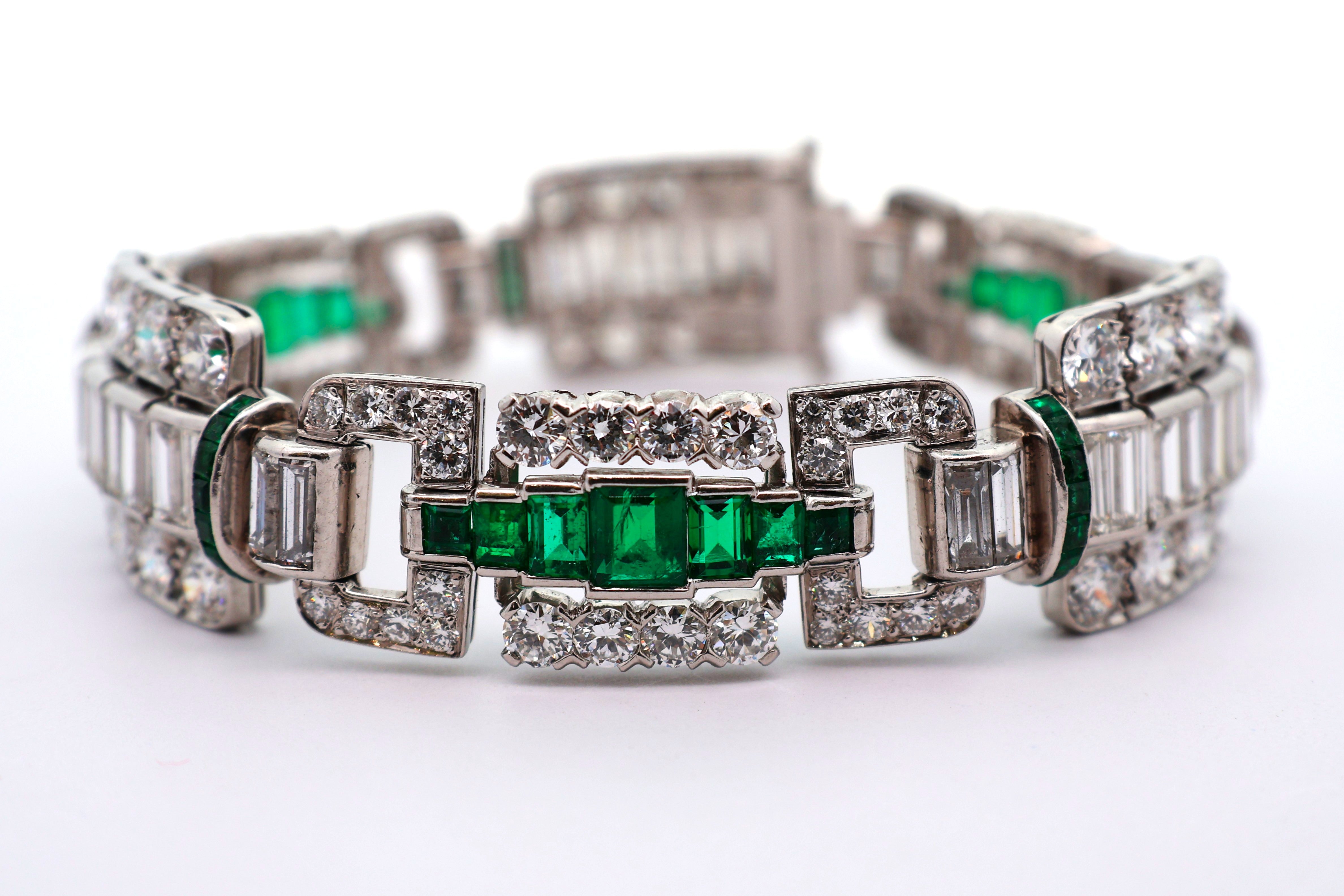 Art Deco Diamond Emerald Platinum Bracelet, Circa 1927