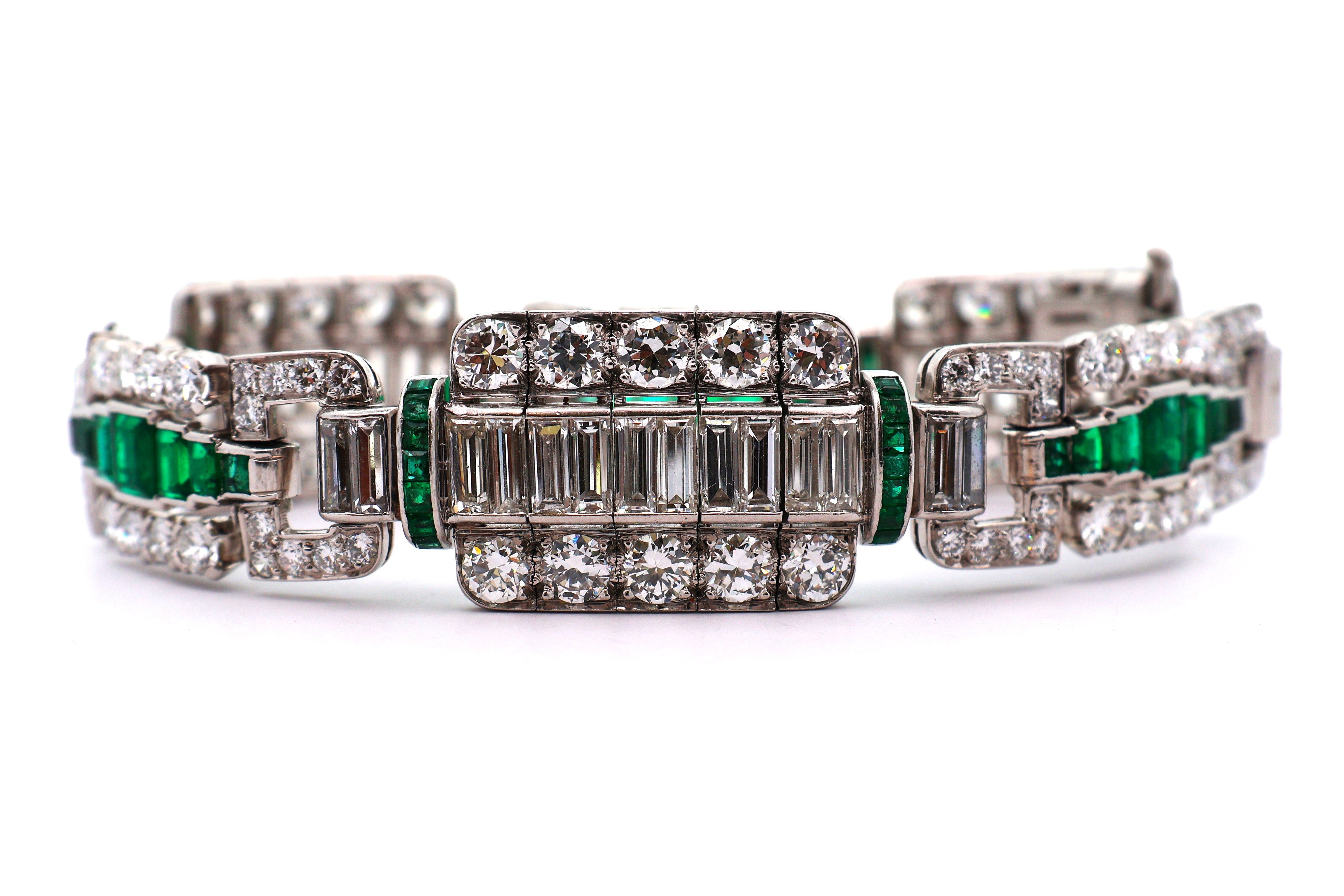 Art Deco Diamond Emerald Platinum Bracelet, Circa 1927