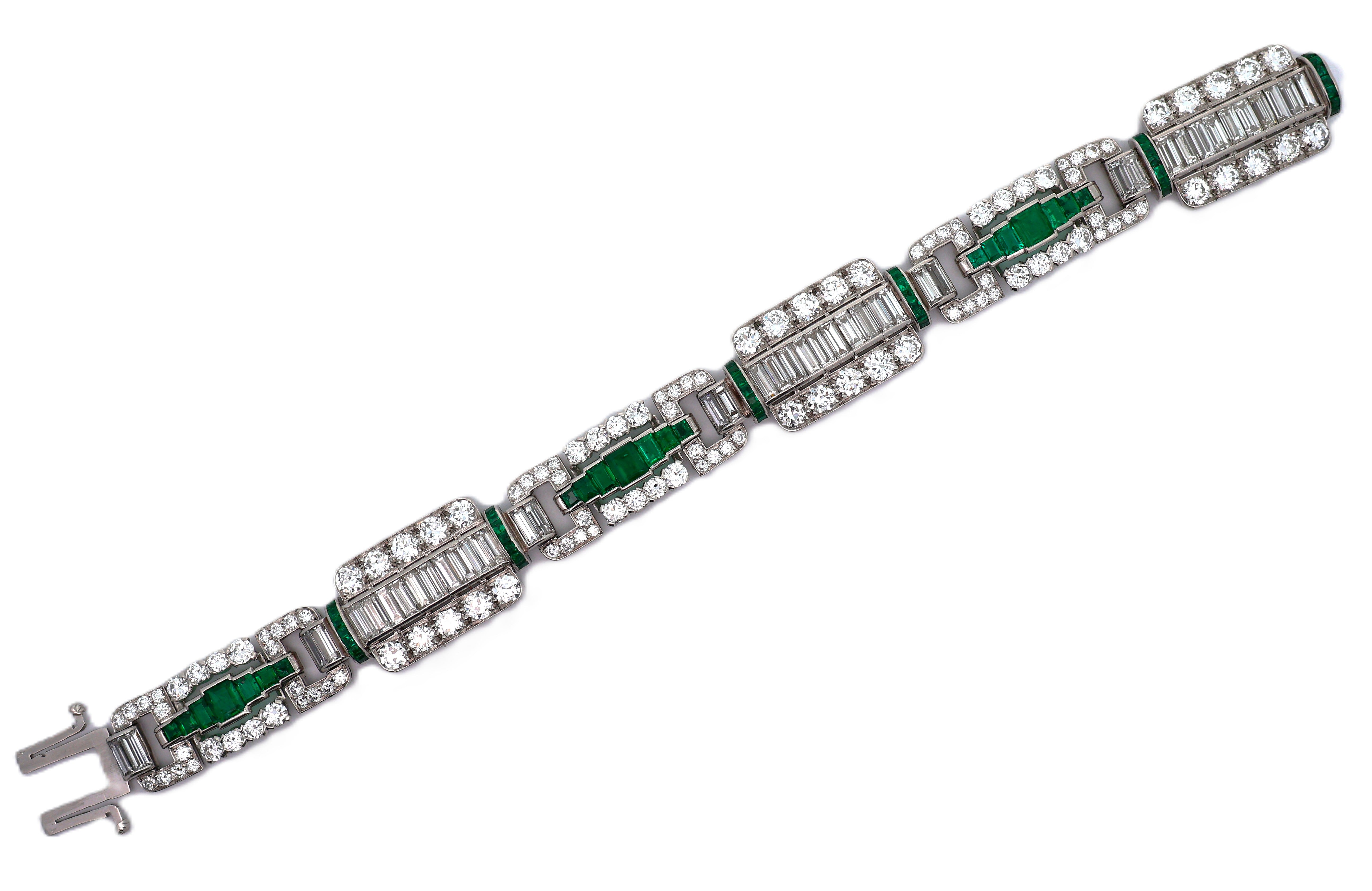 Art Deco Diamond Emerald Platinum Bracelet, Circa 1927
