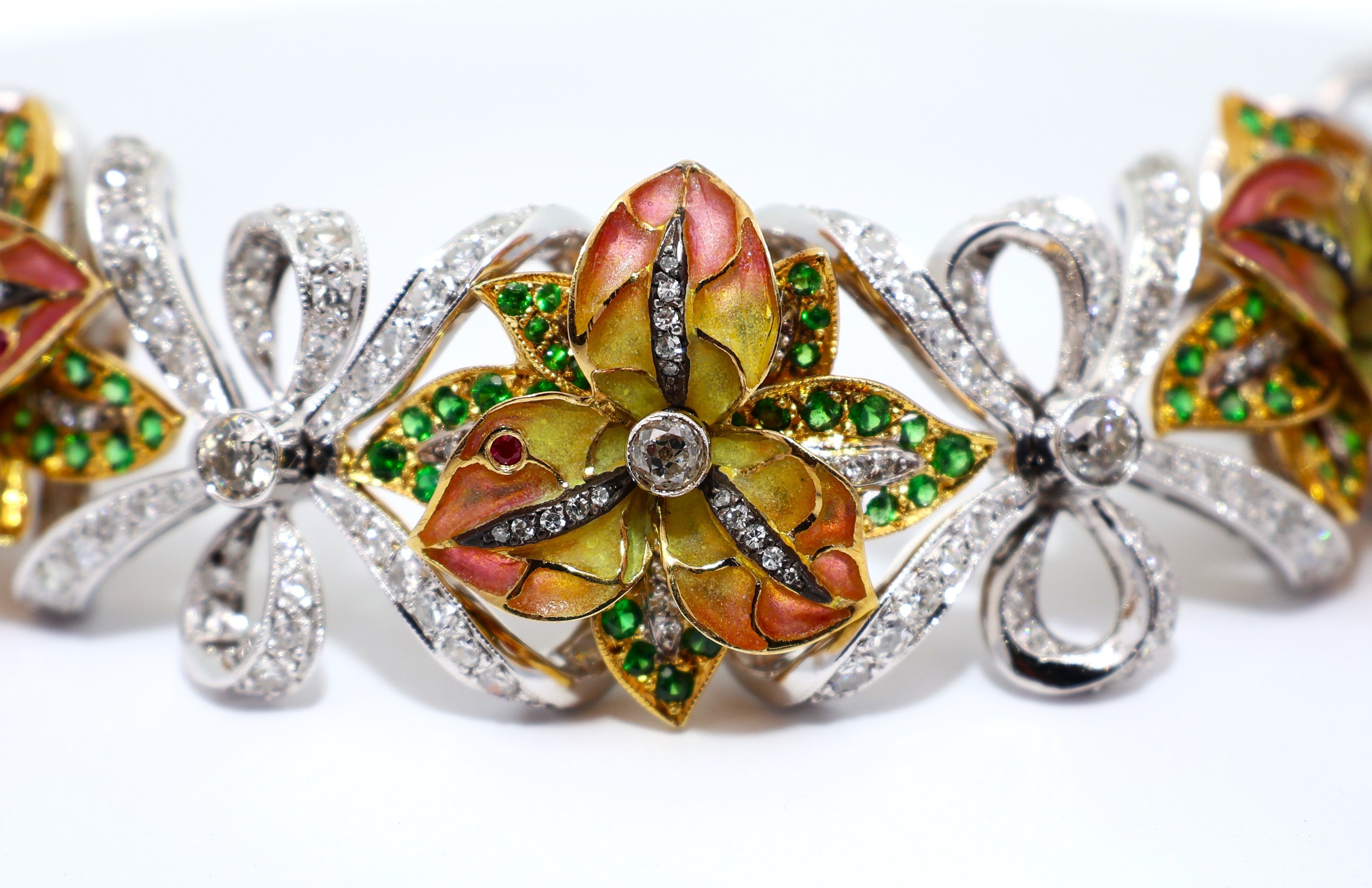 Diamond Tsavorite Ruby Enamel 18k White-Yellow Gold Flower-Ribbon Bracelet