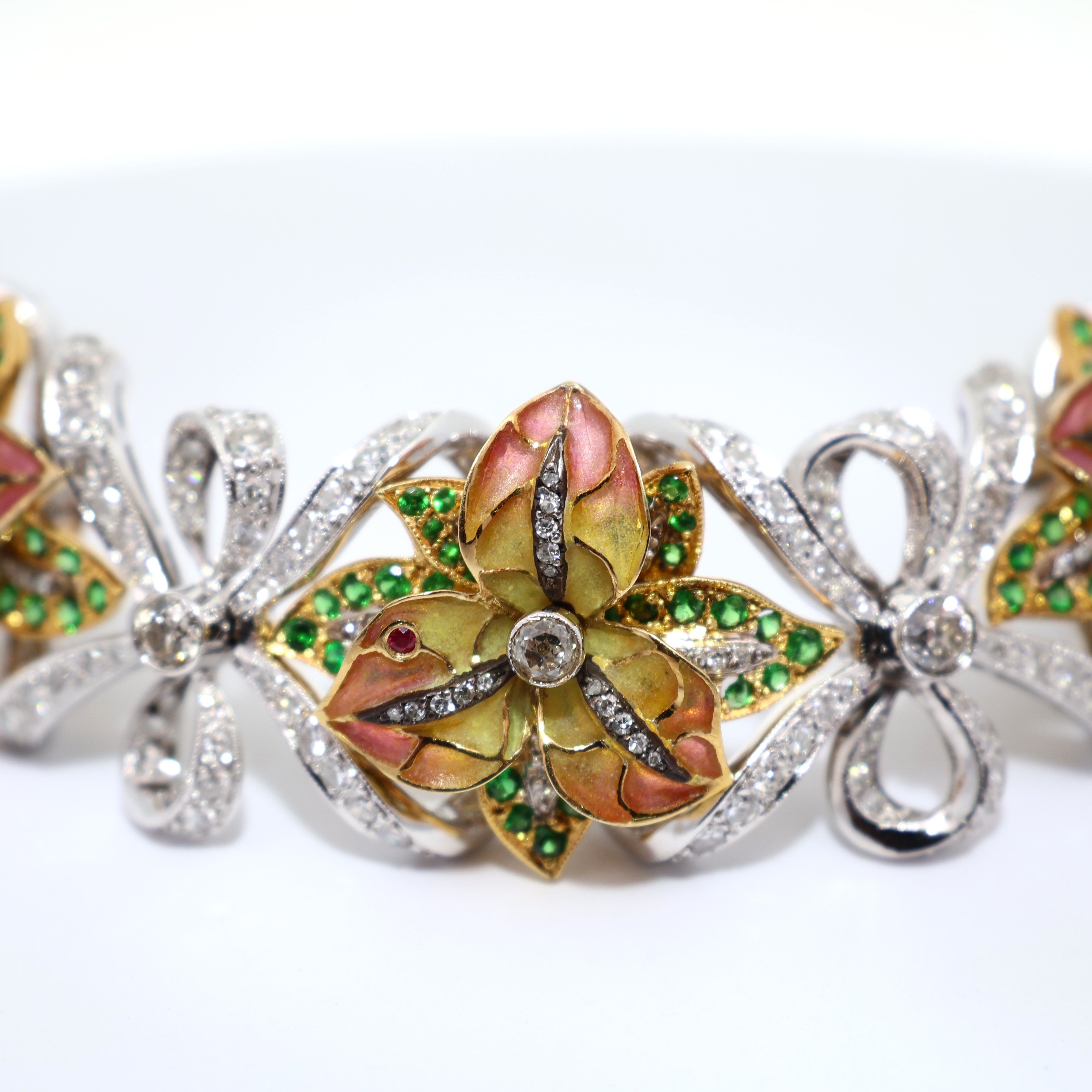 Diamond Tsavorite Ruby Enamel 18k White-Yellow Gold Flower-Ribbon Bracelet