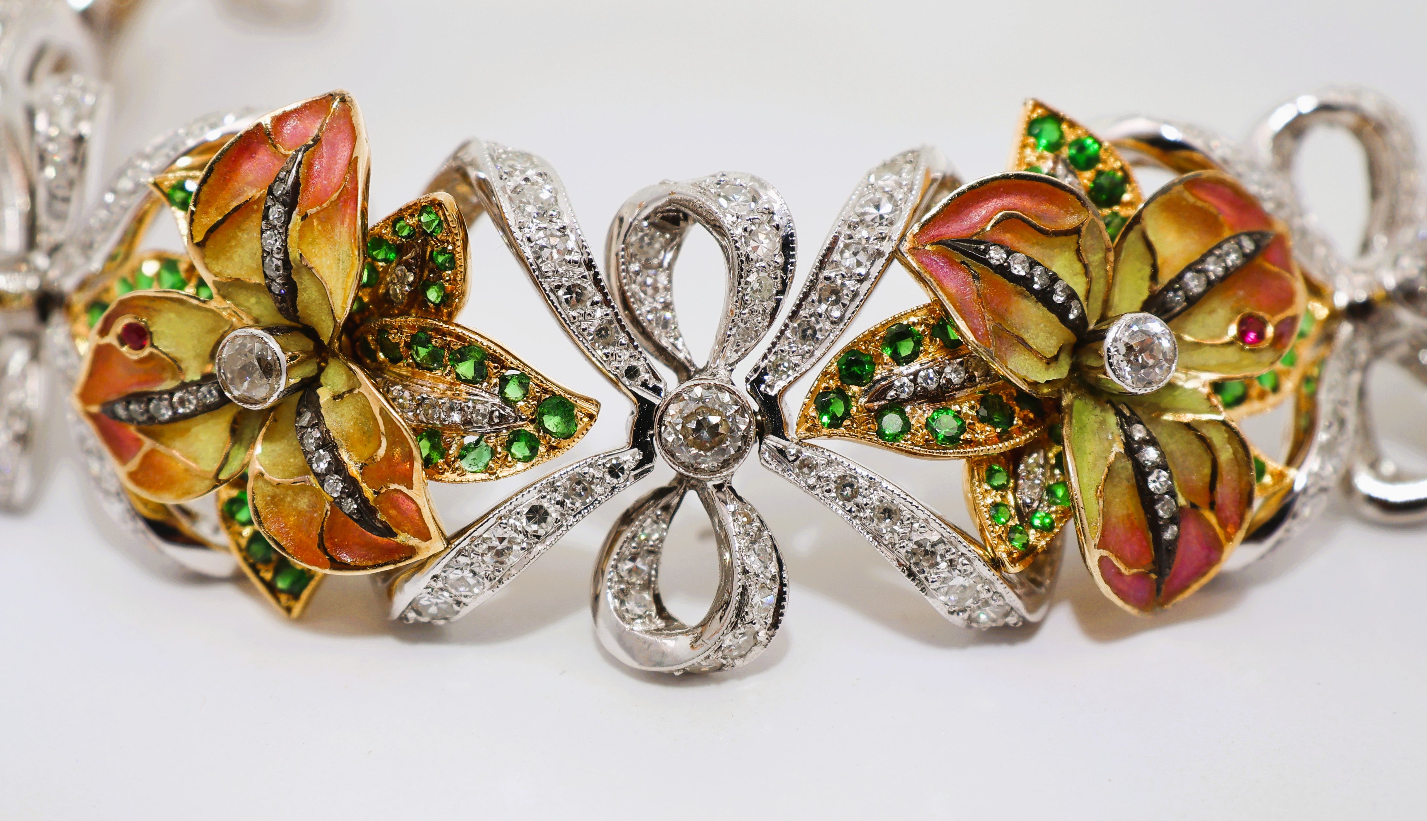 Diamond Tsavorite Ruby Enamel 18k White-Yellow Gold Flower-Ribbon Bracelet