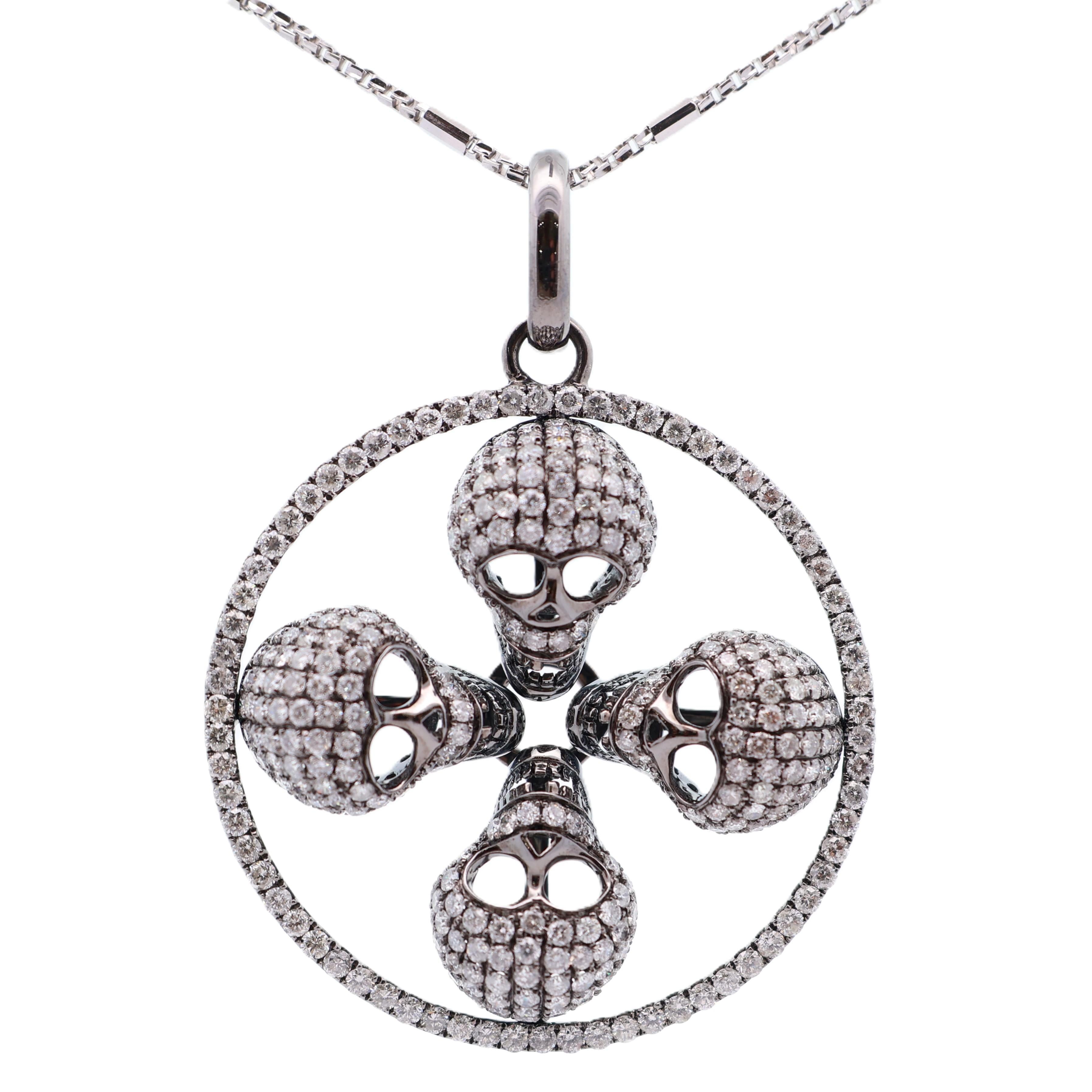 14K Gold Multi-Skull Diamond Pavé Pendant Necklace