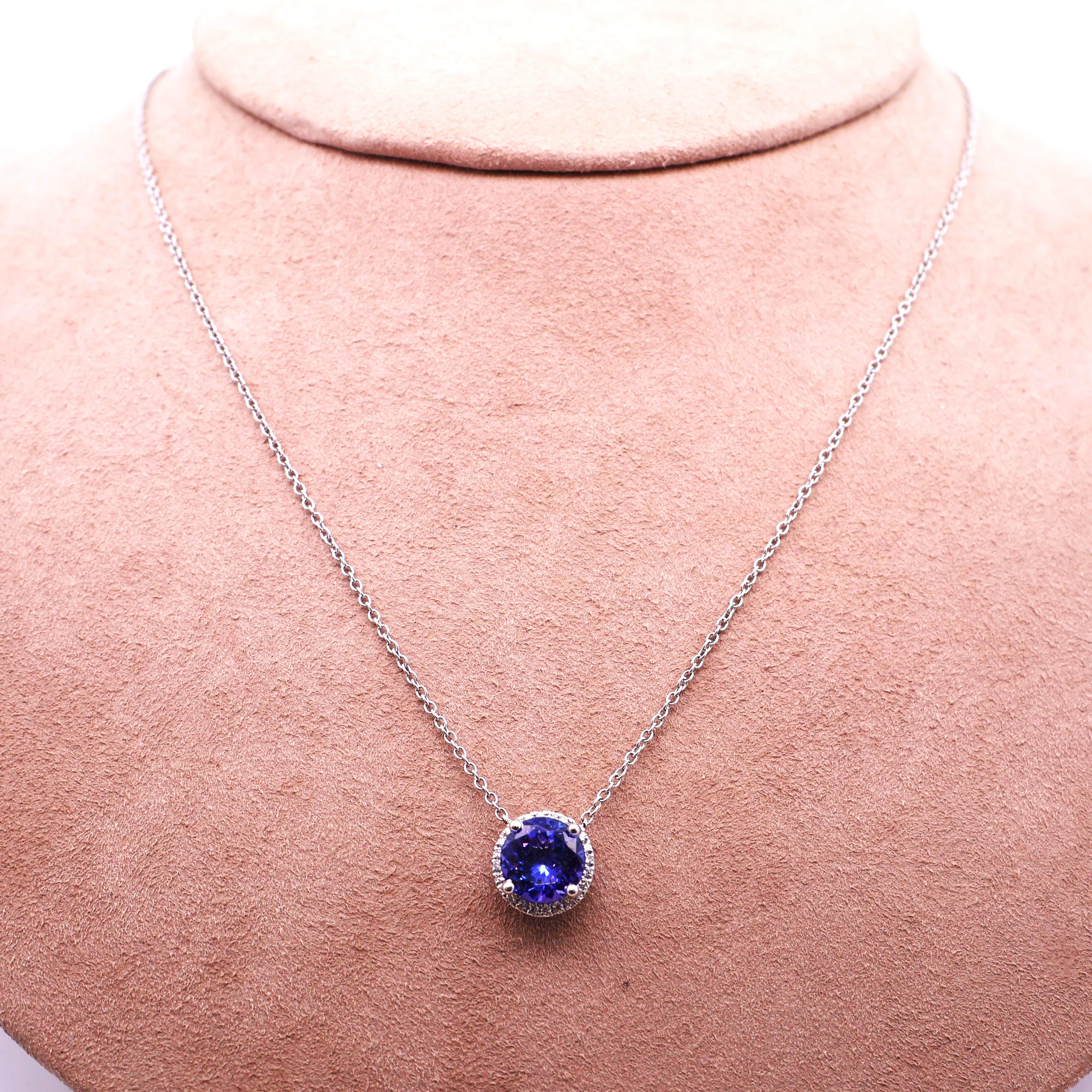 Tanzanite Diamond 18K White Gold Halo Necklace