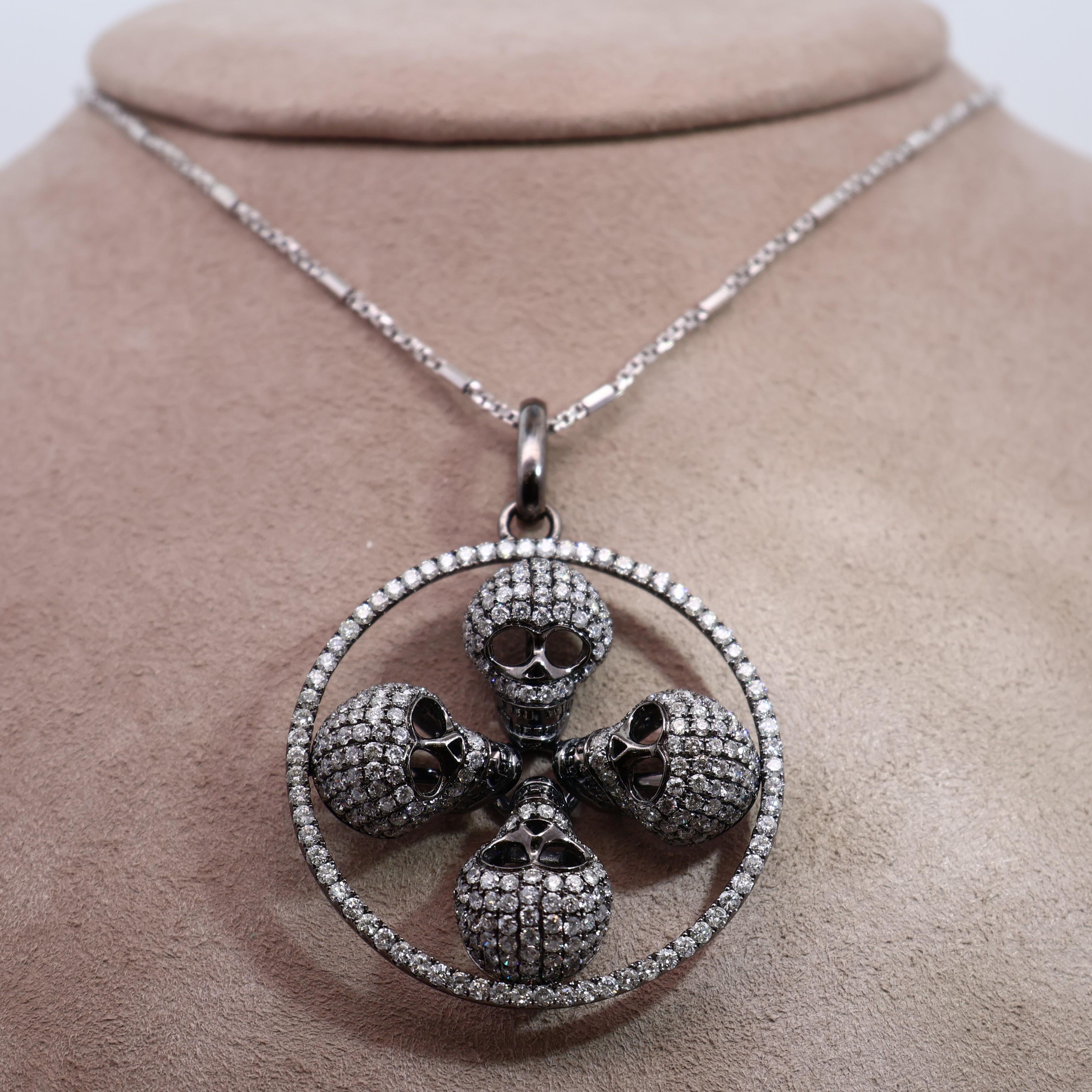 14K Gold Multi-Skull Diamond Pavé Pendant Necklace