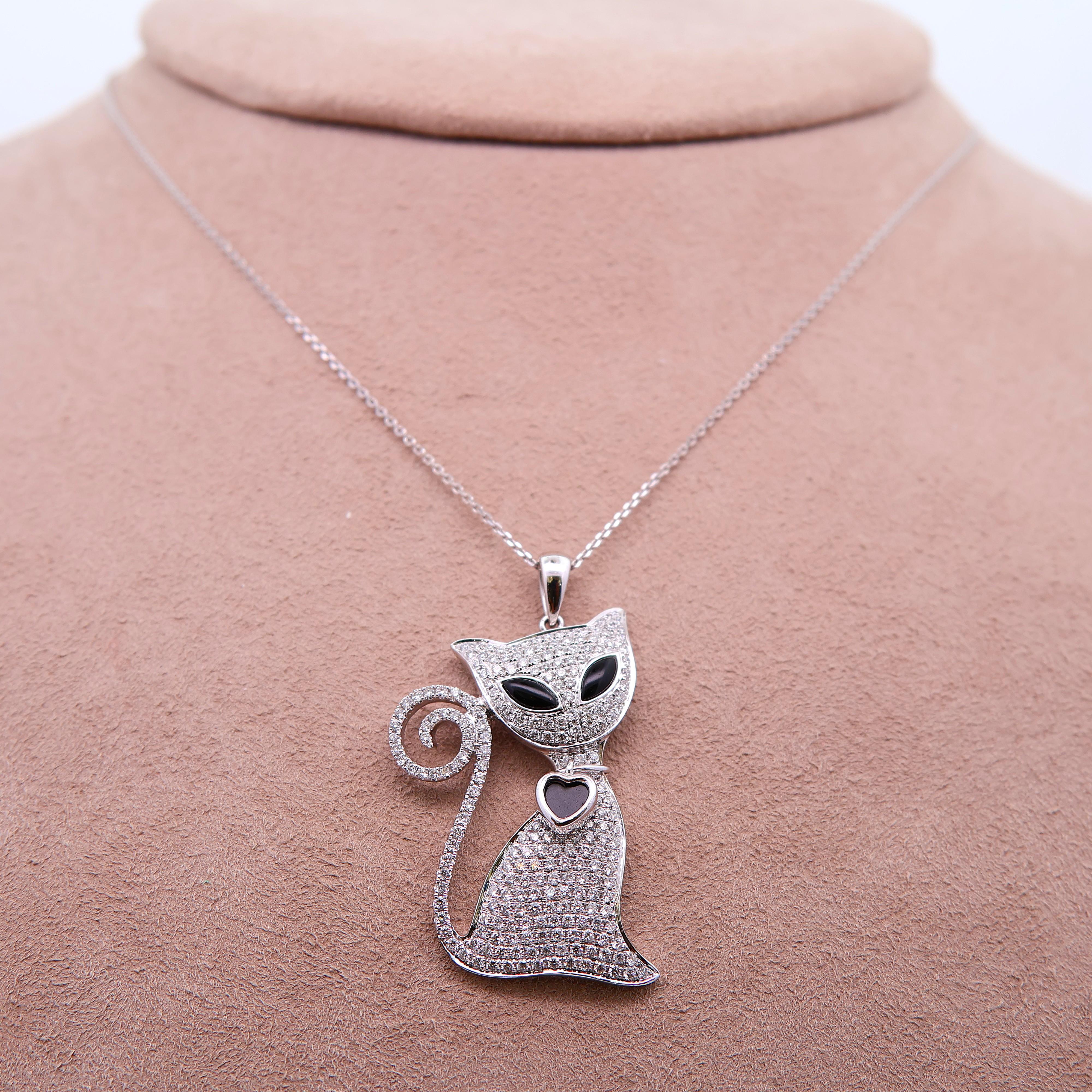 Diamond Onyx Enamel 18K White Gold Cat Heart Pendant Chain