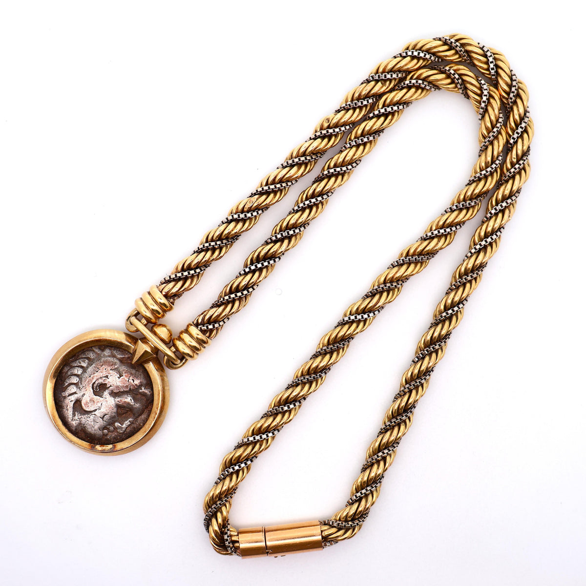 French Retro 18K Two-Tone Gold with Silver Antique Coin Braided Necklace