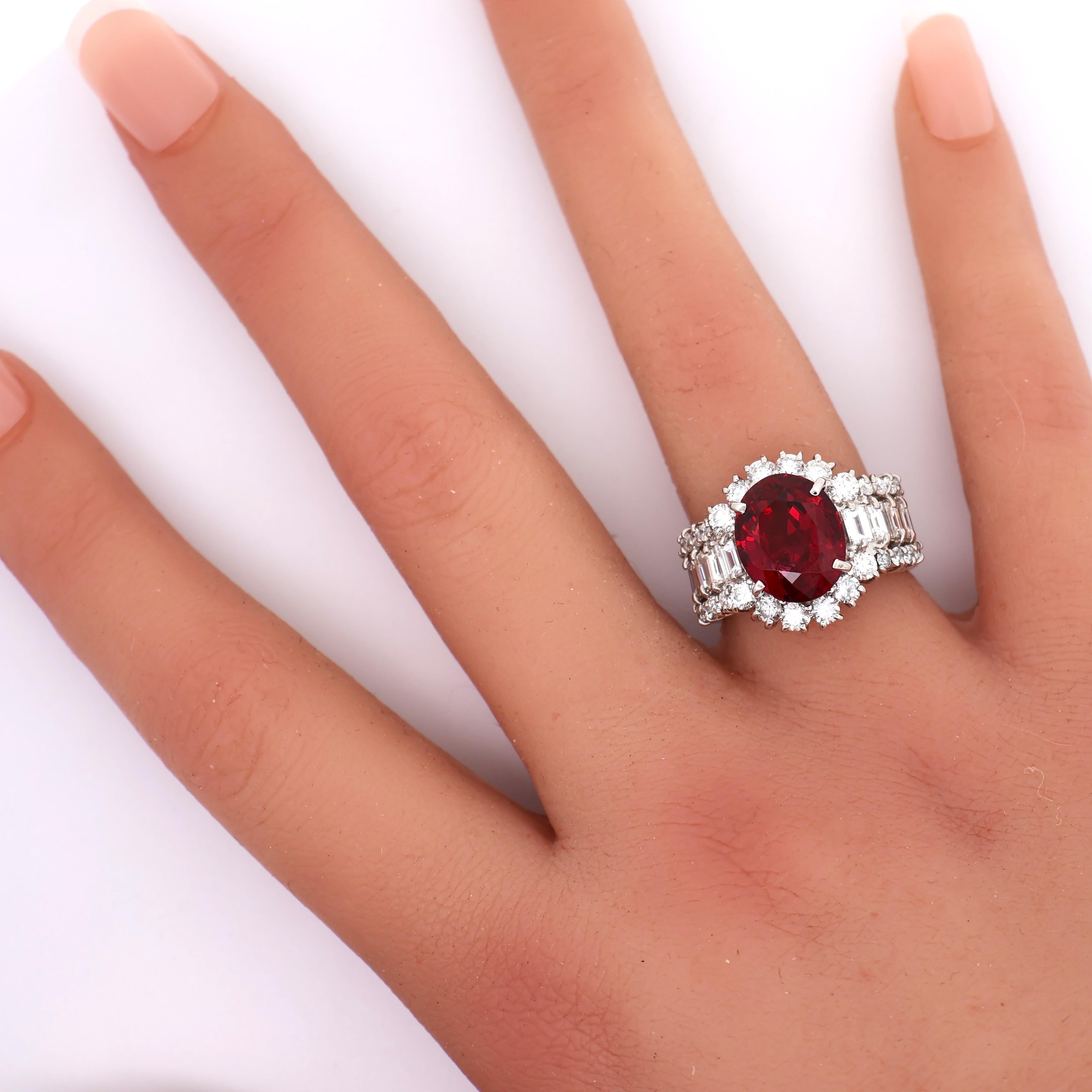 5.57 Carat No-Heat Burmese Red Spinel Diamond Platinum Ring, GIA Certified