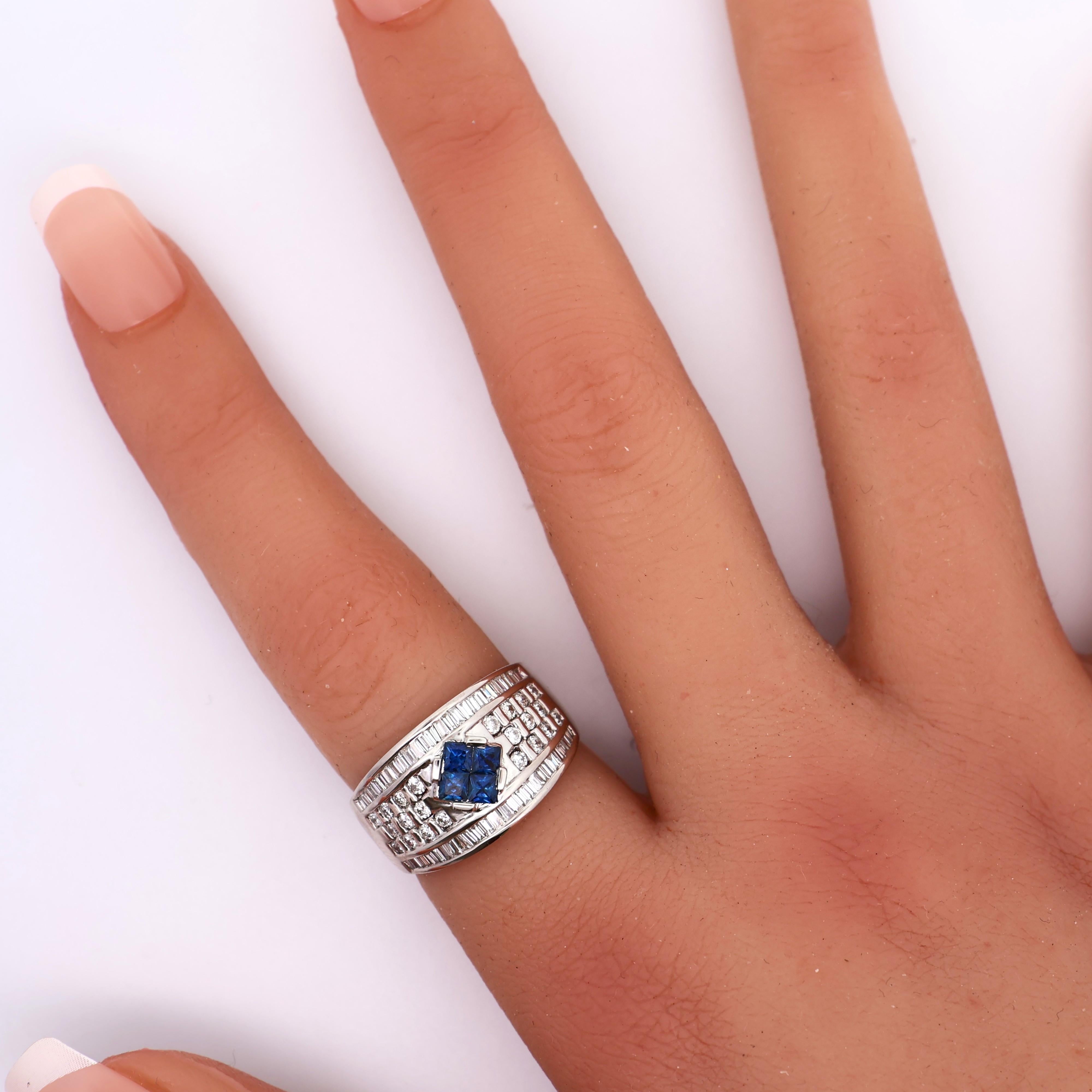 Vintage Blue Sapphire Diamond 18K White Gold Band Ring