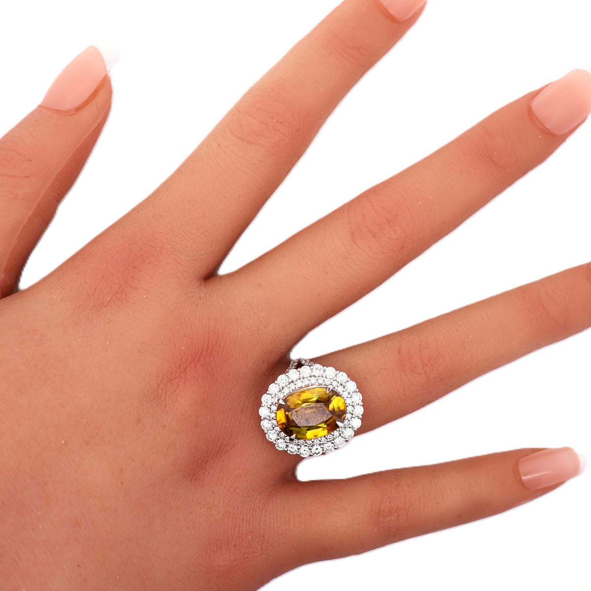 7.41 Carat Sphene Diamond Platinum Double-Halo Ring