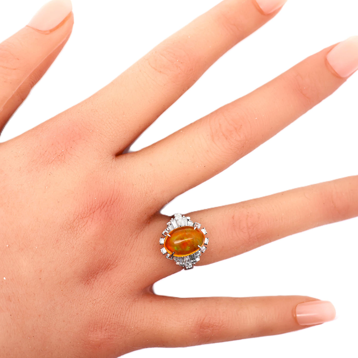 Vintage Mexican Fire Opal Diamond Platinum Ring