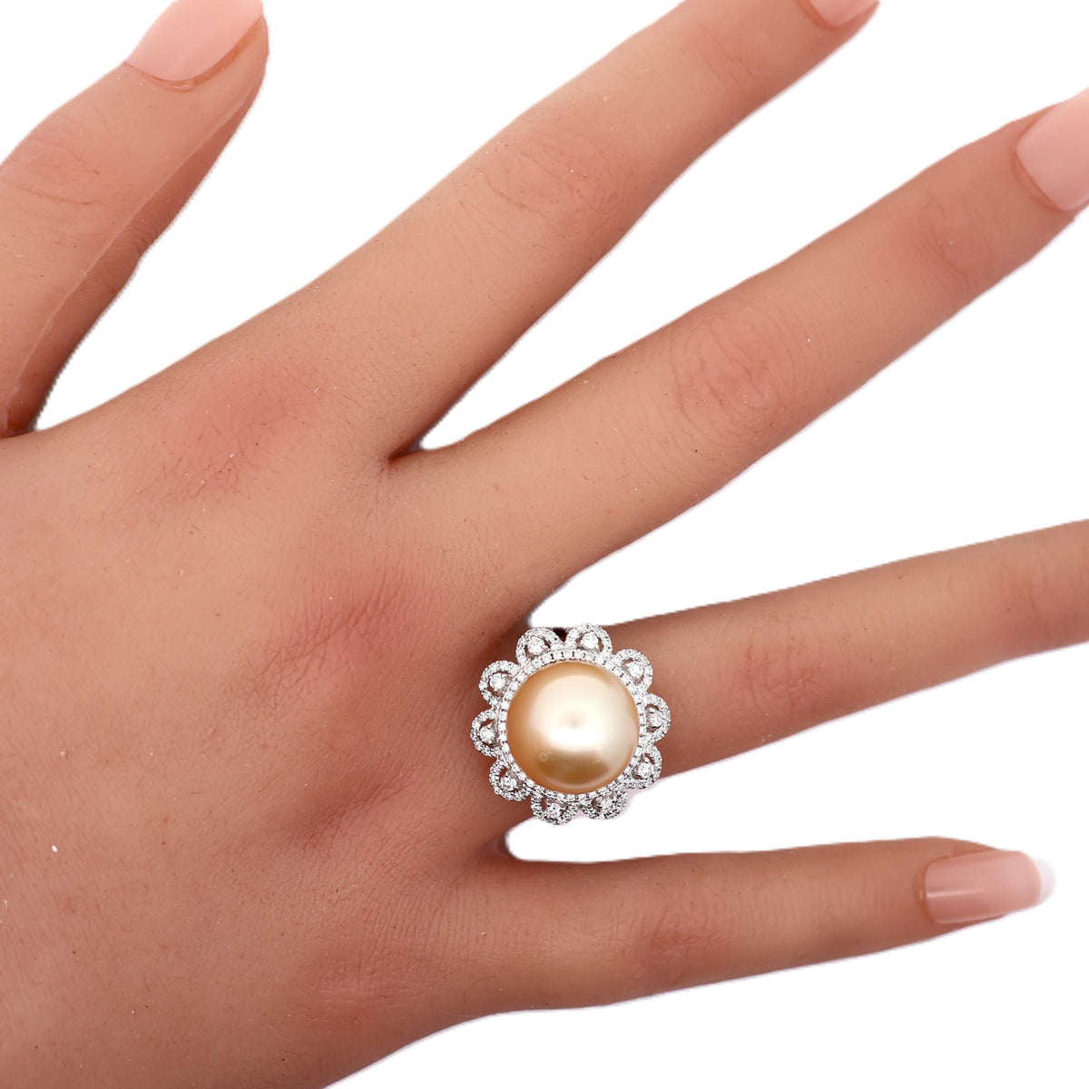 14.5MM South Sea Golden Pearl Diamond 18K White Gold Flower-Halo Ring