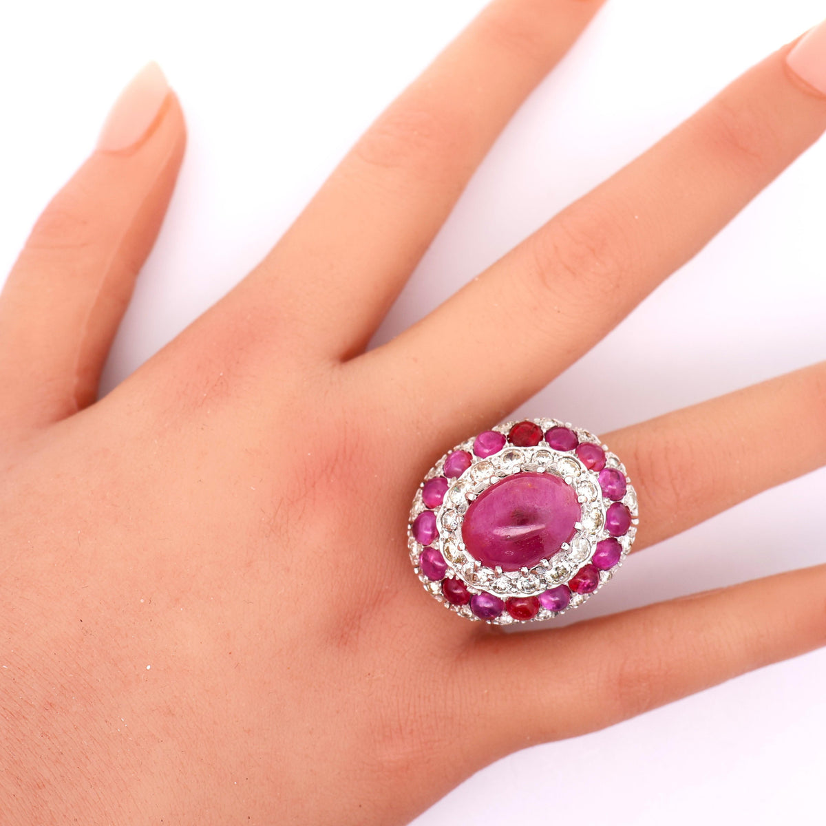 Antique-Style Ruby Diamond 18K White Gold Double Halo Cocktail Ring