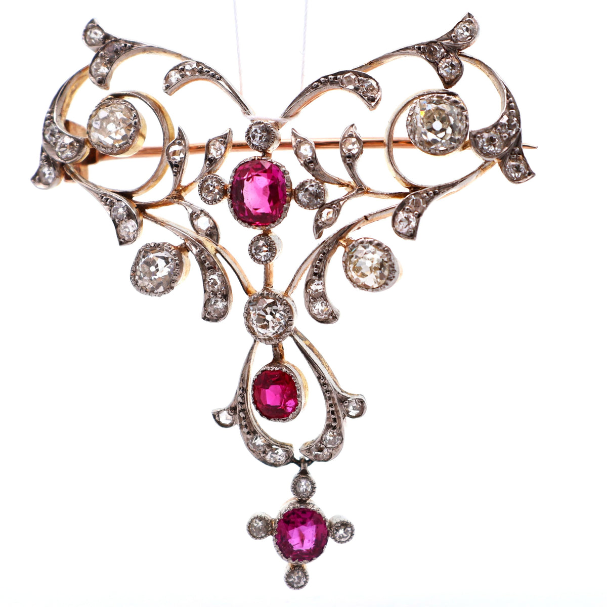 Antique No-Heat Burmese Ruby Diamond 14K Gold Brooch, GIA Certified